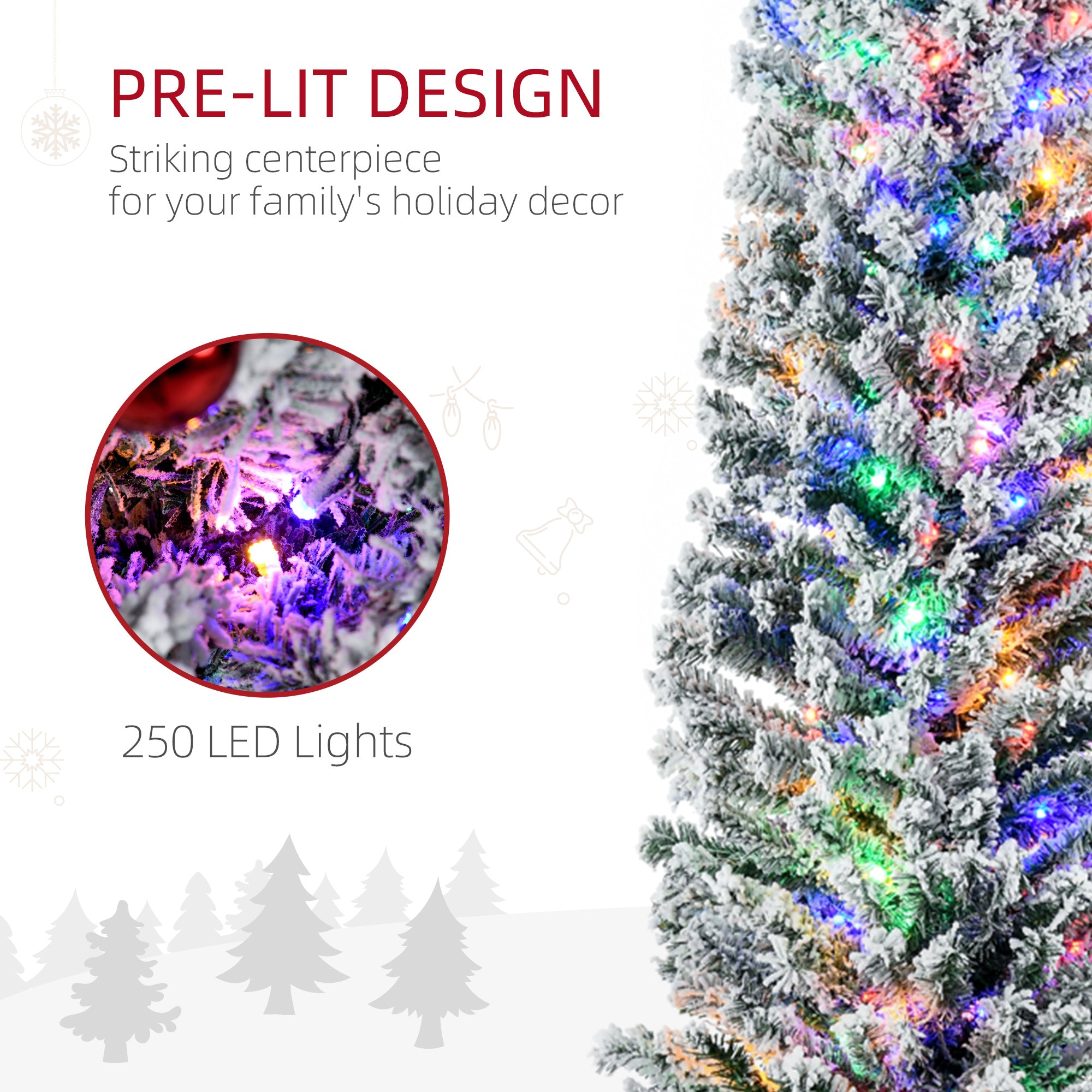 HOMCOM 7.5' Artificial Prelit Christmas Trees Holiday Décor with Colourful LED Lights, Flocked Tips, Berry, Pine Cone