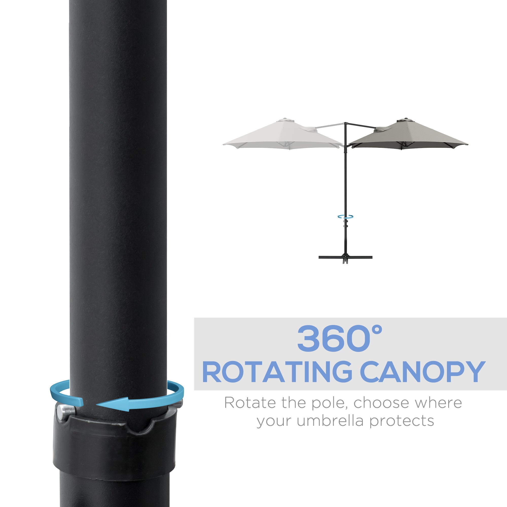 Outsunny 2.5M Garden Cantilever Parasol, Offset Roma Patio Umbrella Hanging Sun Shade Canopy Shelter with 360° Rotation and Cross Base, Light Grey - North Peak Garden Furniture