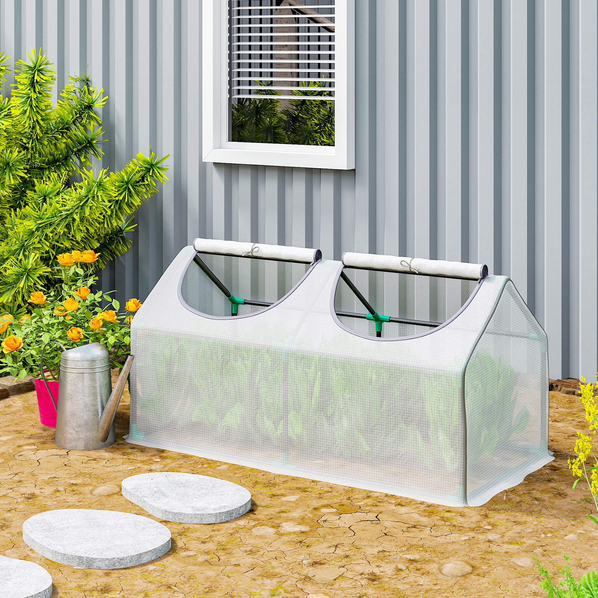 Outsunny Mini Greenhouse Portable Flower Planter Tomato Vegetable House for Garden Backyard with Zipper 120 x 60 x 60 cm, White