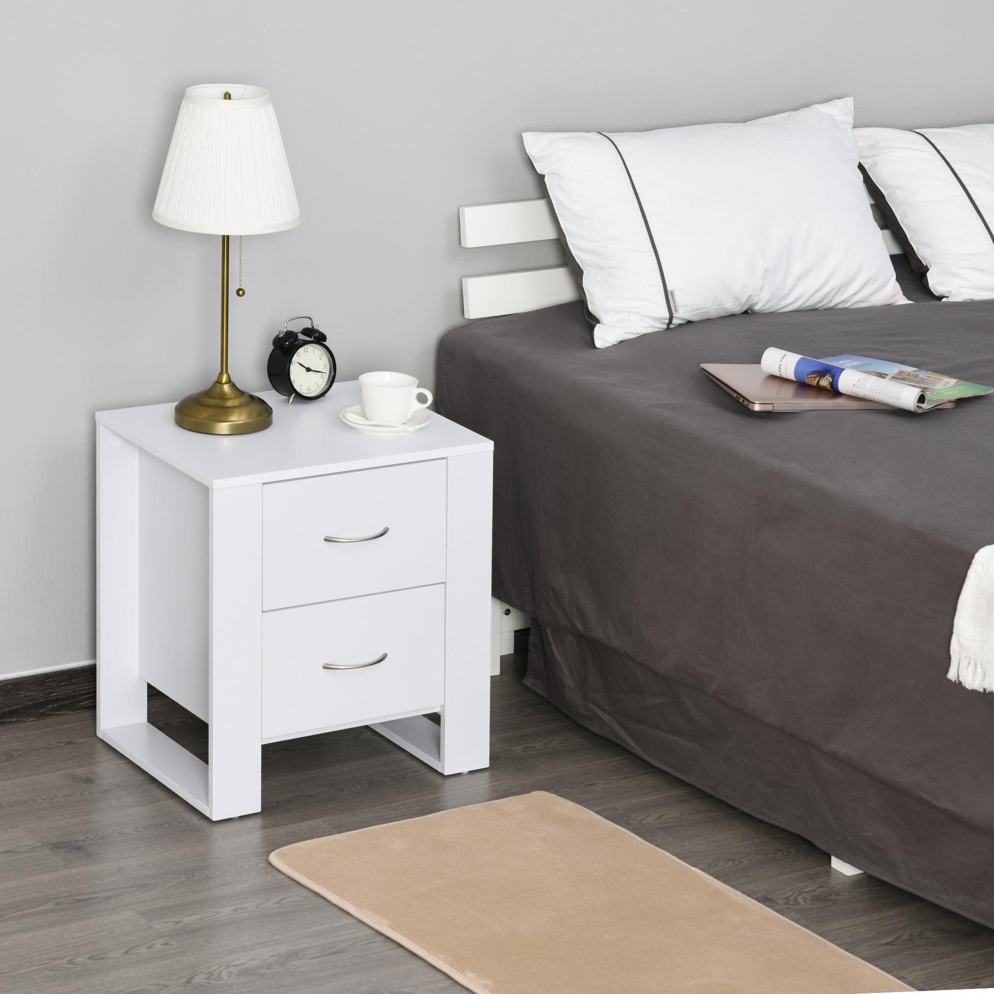 HOMCOM Bedside Table with 2 Drawers, Modern Boxy Design, Elevated Base, Melamine Finish, Bedroom Storage, White