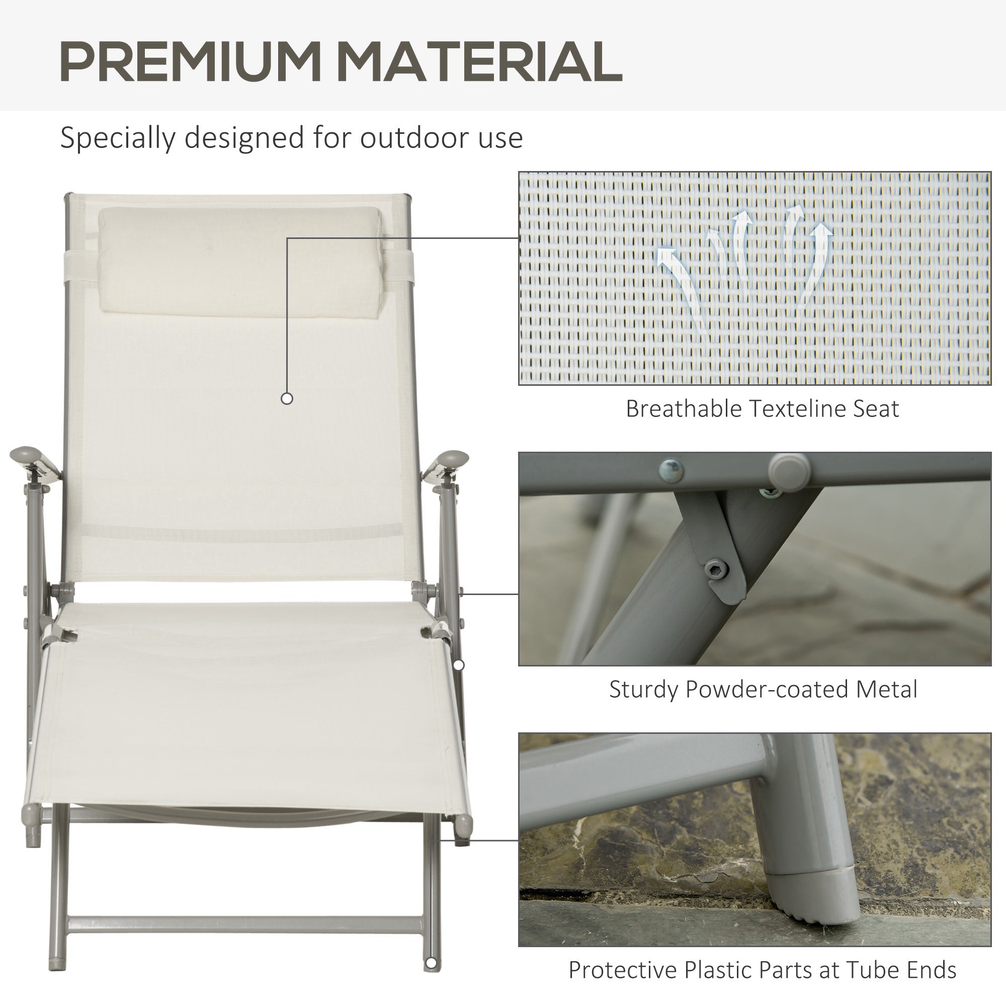 Outsunny Sun Lounger Steel Frame Outdoor Folding Chaise Texteline Lounge Chair Recliner with Headrest & 7 Levels Adjustable Backrest, Cream White - North Peak Garden Furniture