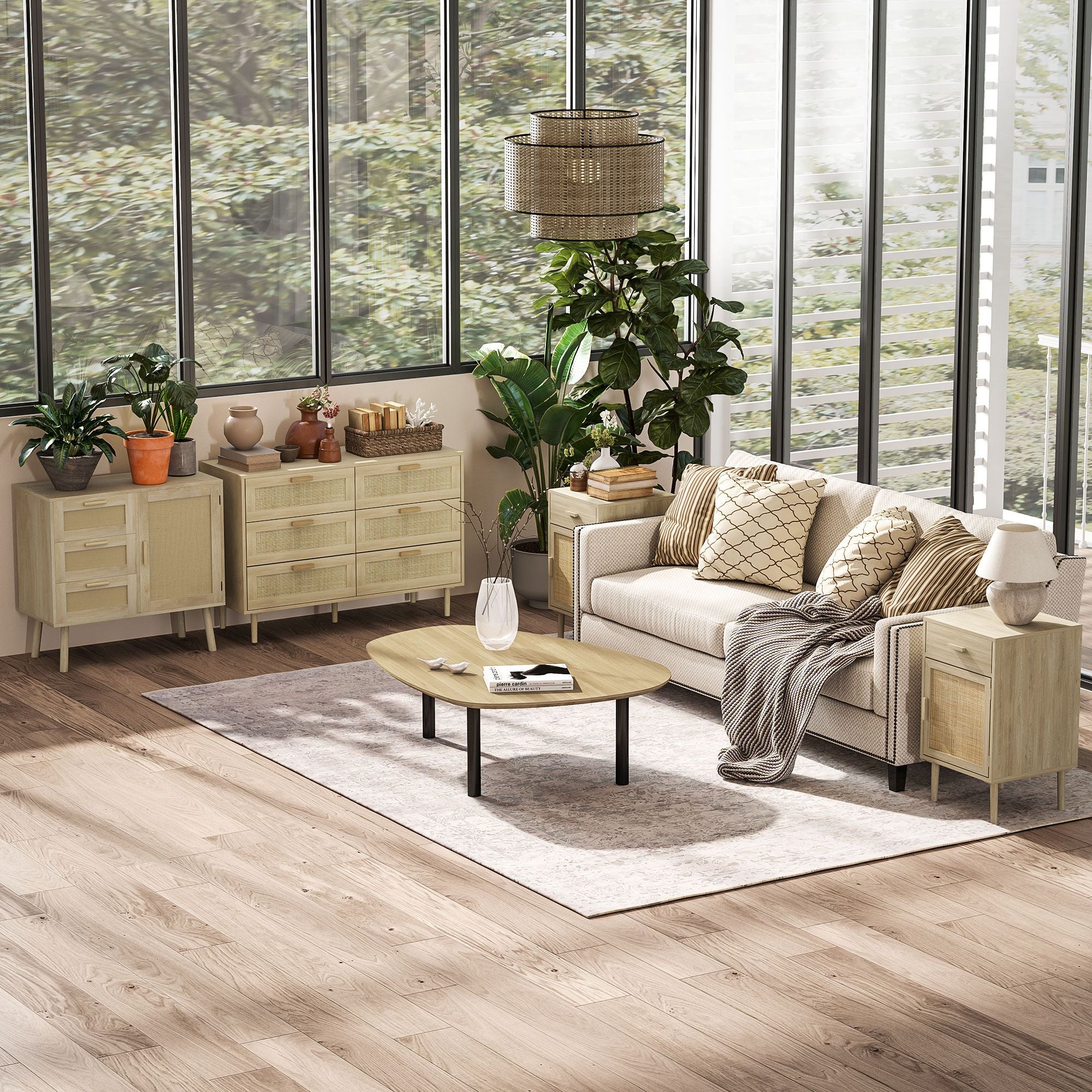 HOMCOM Bedside Table Set of 2, Rattan Side Tables with Drawer, Cabinet and Adjustable Shelf, Boho Bedside Cabinet with Storage for Bedroom, Living Room, Natural Wood Effect - North Peak Garden Furniture