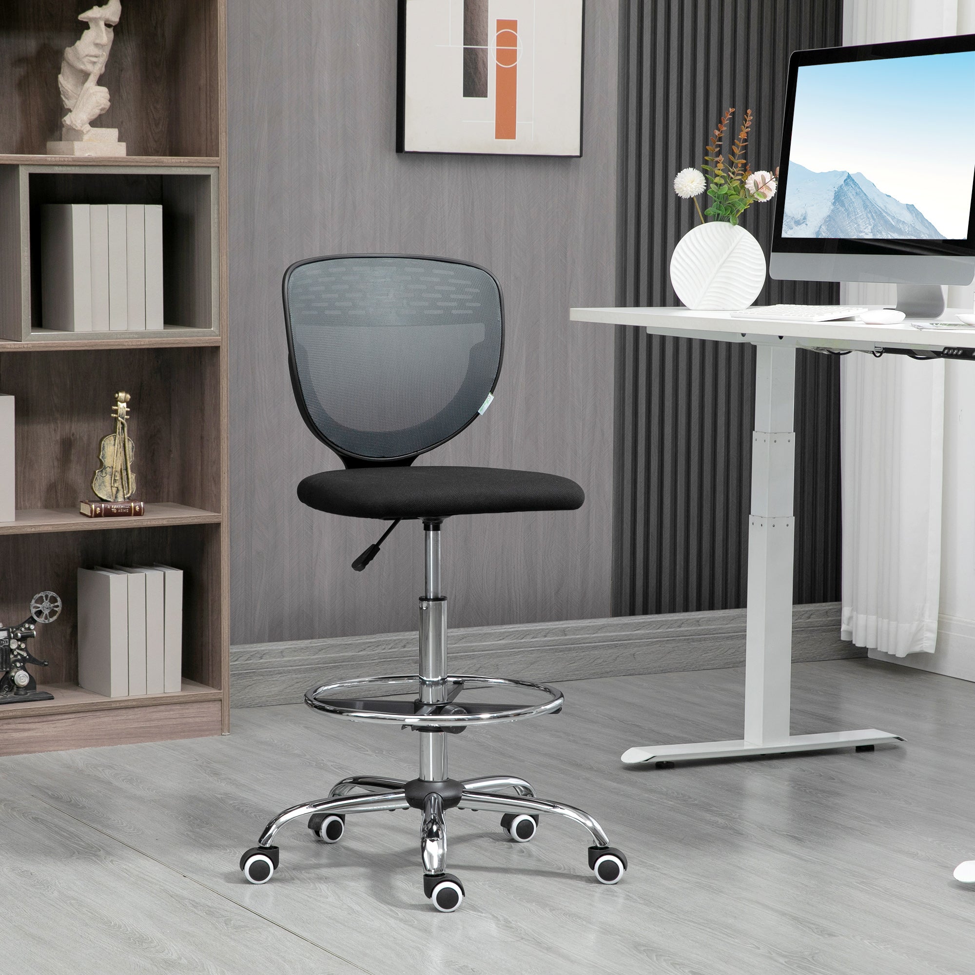 Vinsetto Drafting Chair, Swivel Office Draughtsman Chair, Mesh Standing Desk Chair with Lumbar Support, Adjustable Foot Ring, Armless, Grey - North Peak Garden Furniture