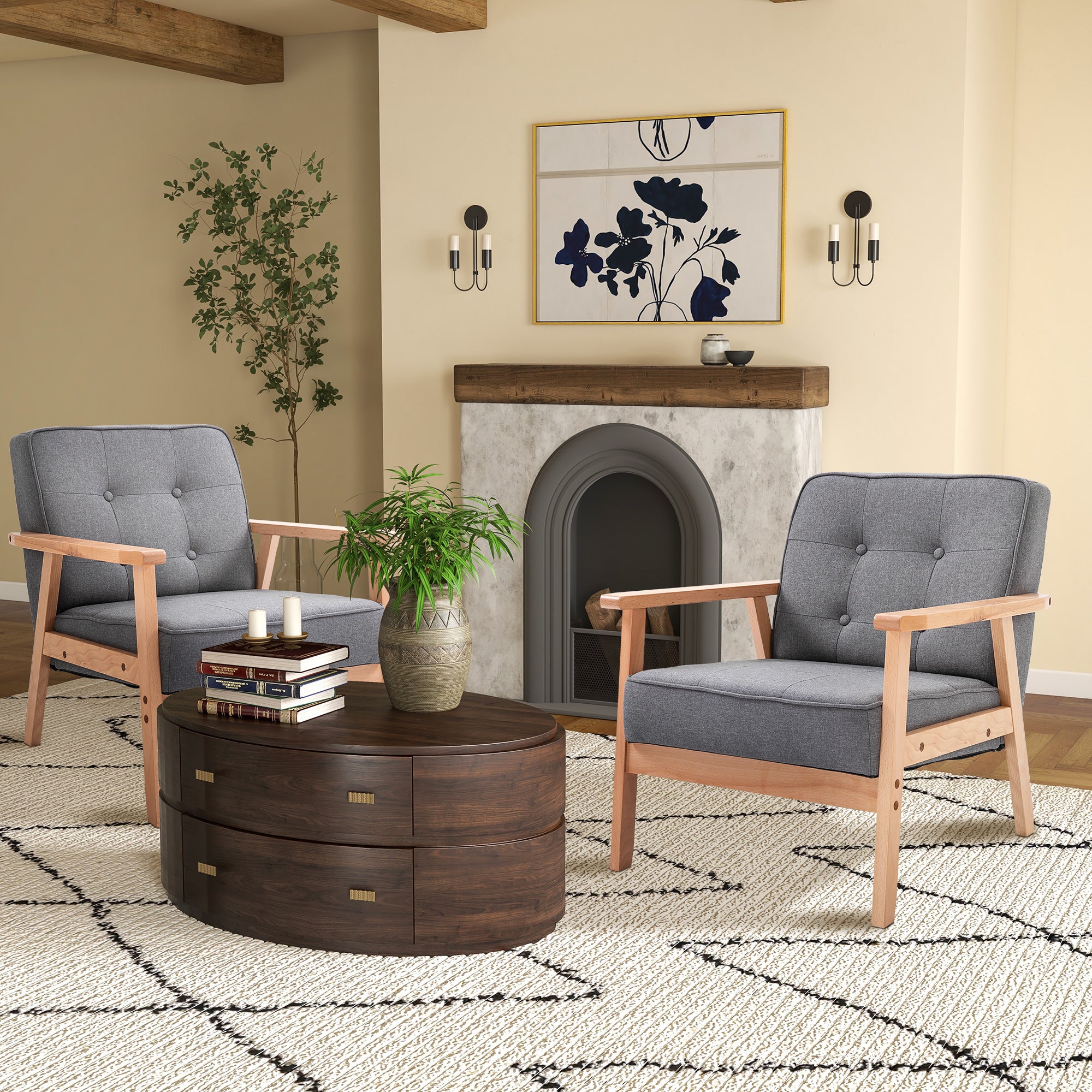 HOMCOM Armchair, Linen Fabric Accent Chair, Occasional Chair with Beech Wood Frame for Living Room, Reception, Bedroom, Balcony, Set of 2, Grey and Natural - North Peak Garden Furniture