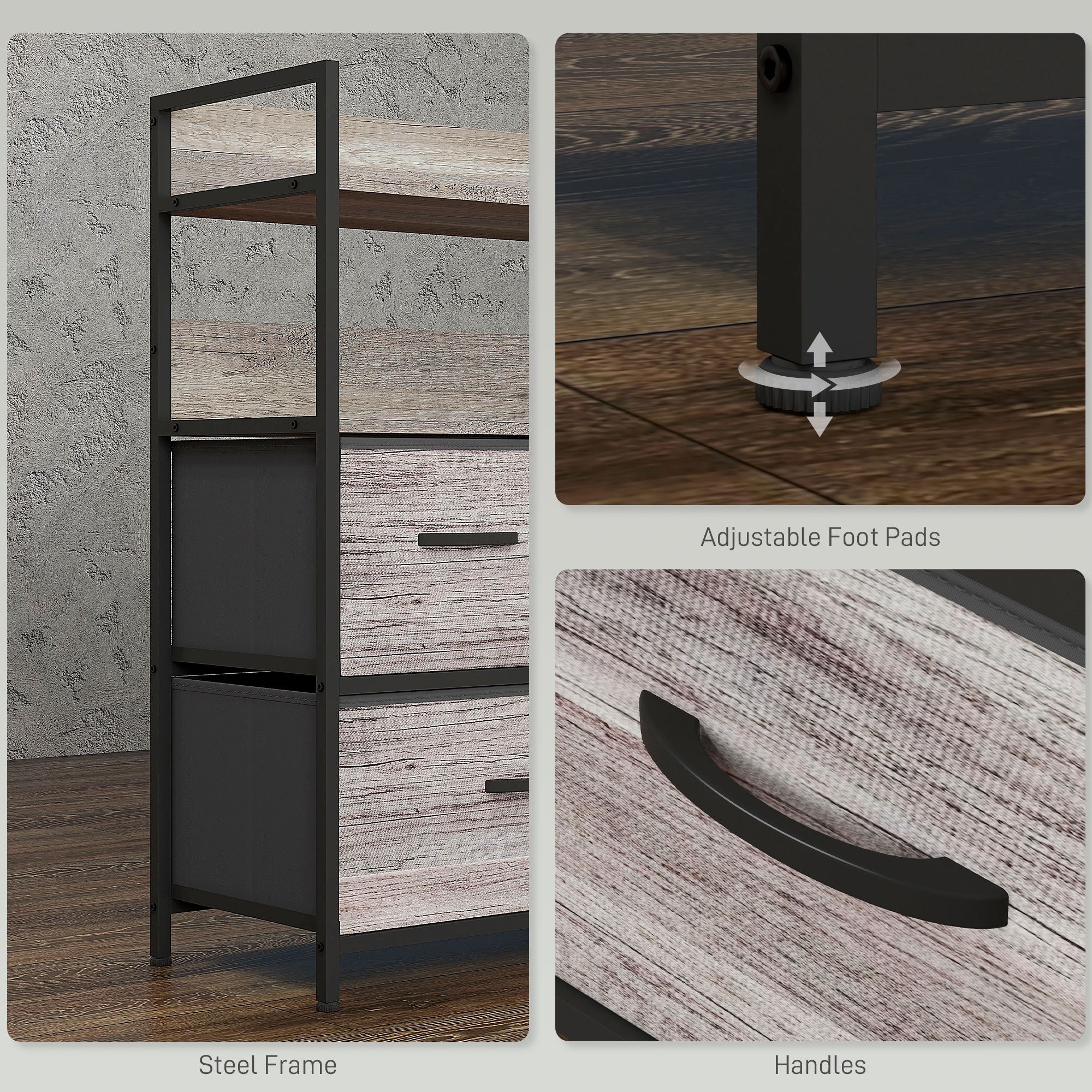 HOMCOM Rustic Chest of Five Fabric Drawers - Grey Wood Effect - North Peak Garden Furniture
