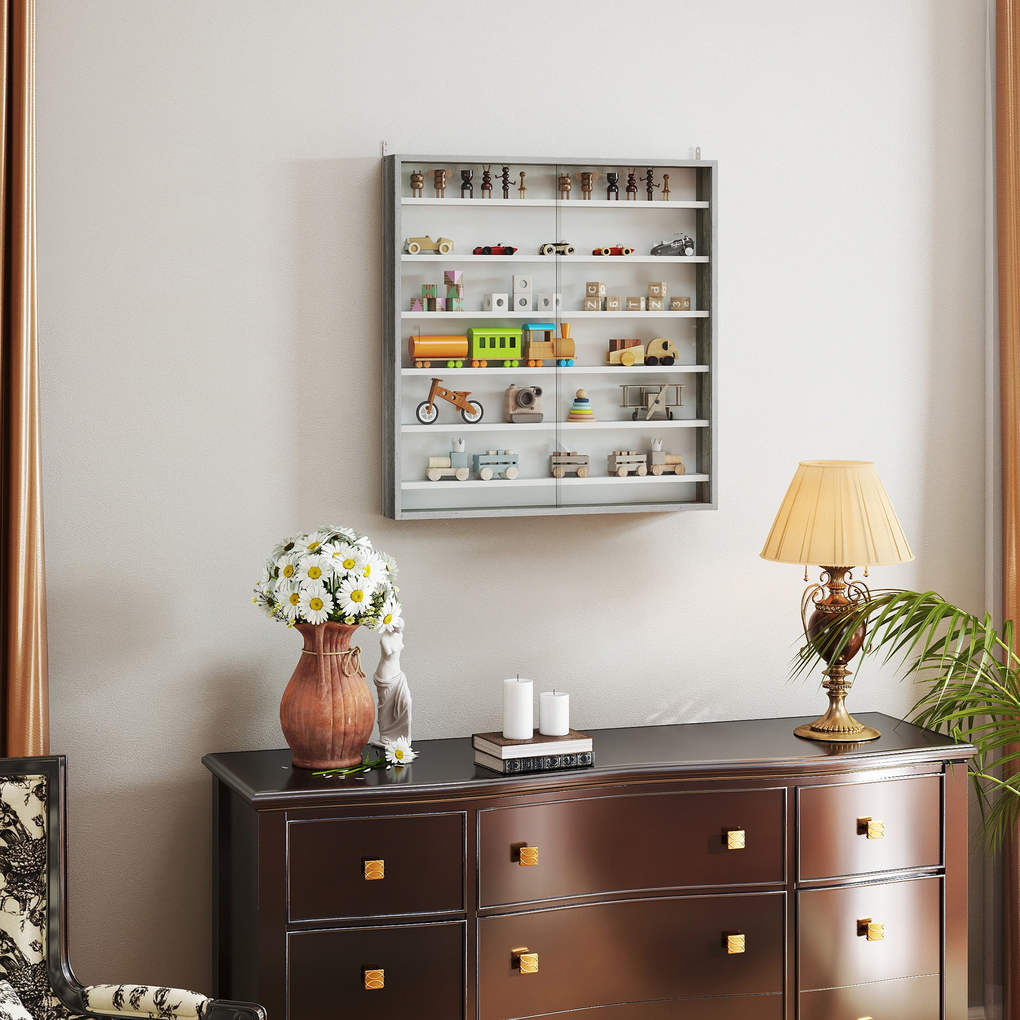 HOMCOM Six Shelf Display Cabinet, with Glass Doors - Graphite Wood Effect - North Peak Garden Furniture
