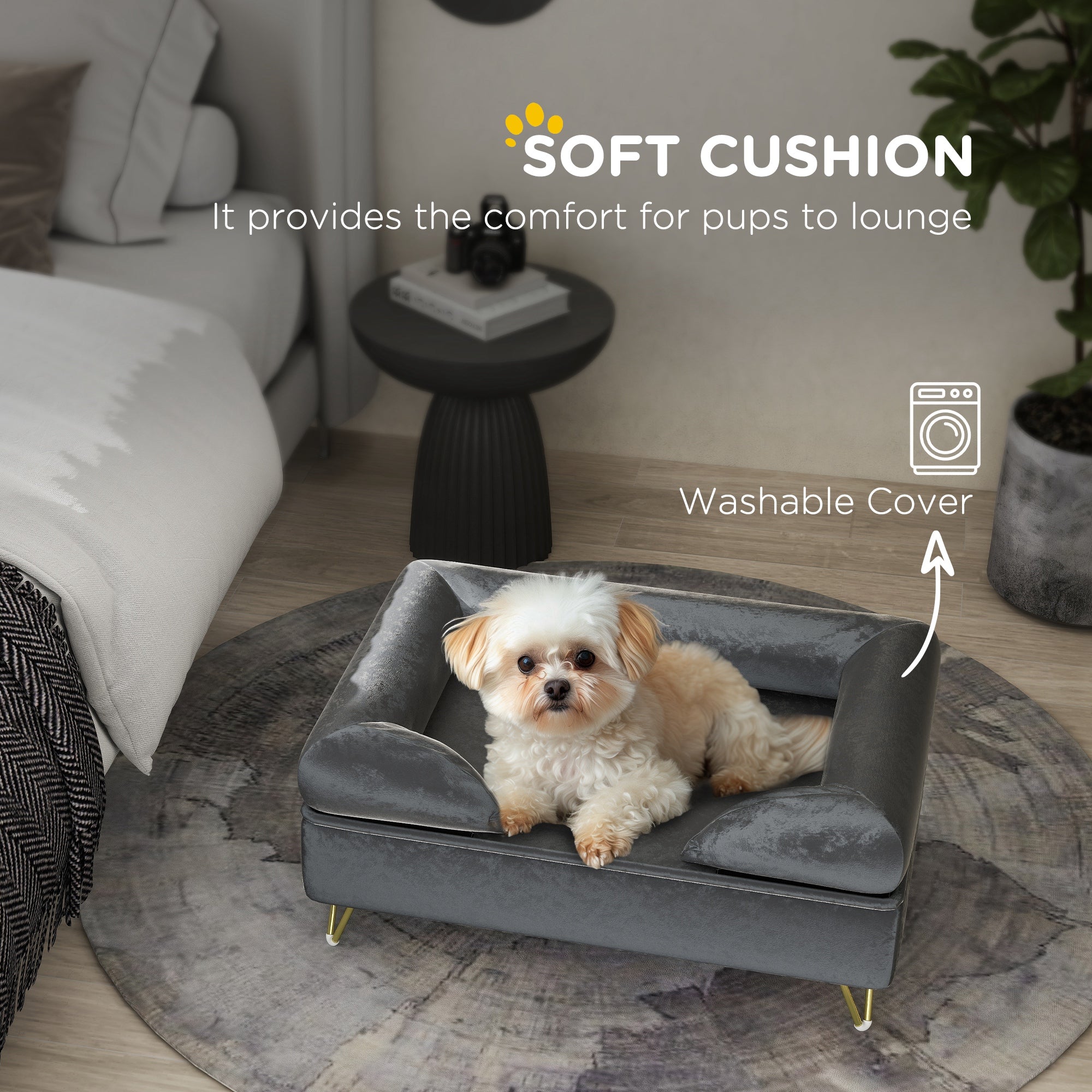 PawHut Cat Sofa Pet Couch w/ Removable Backrest, Soft Cushion, Washable Cover, for Small and Medium Sized Dogs, Grey - North Peak Garden Furniture