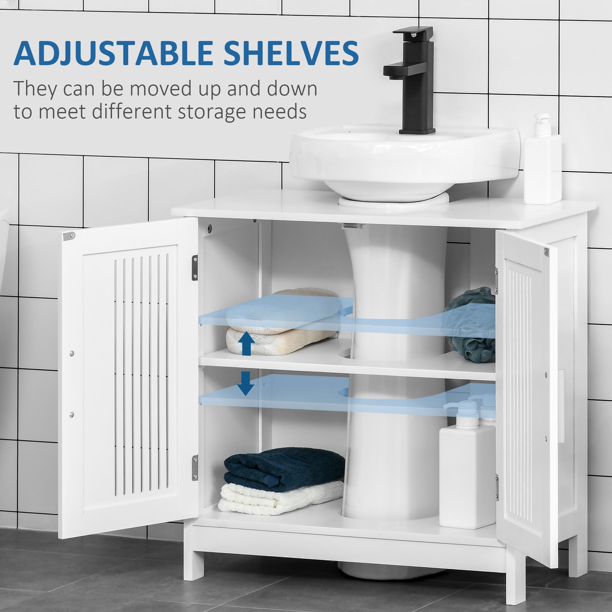 kleankin Modern Under Sink Cabinet with 2 Doors, Bathroom Vanity Unit, Pedestal Under Sink Design, Storage Cupboard with Adjustable Shelves, White - North Peak Garden Furniture