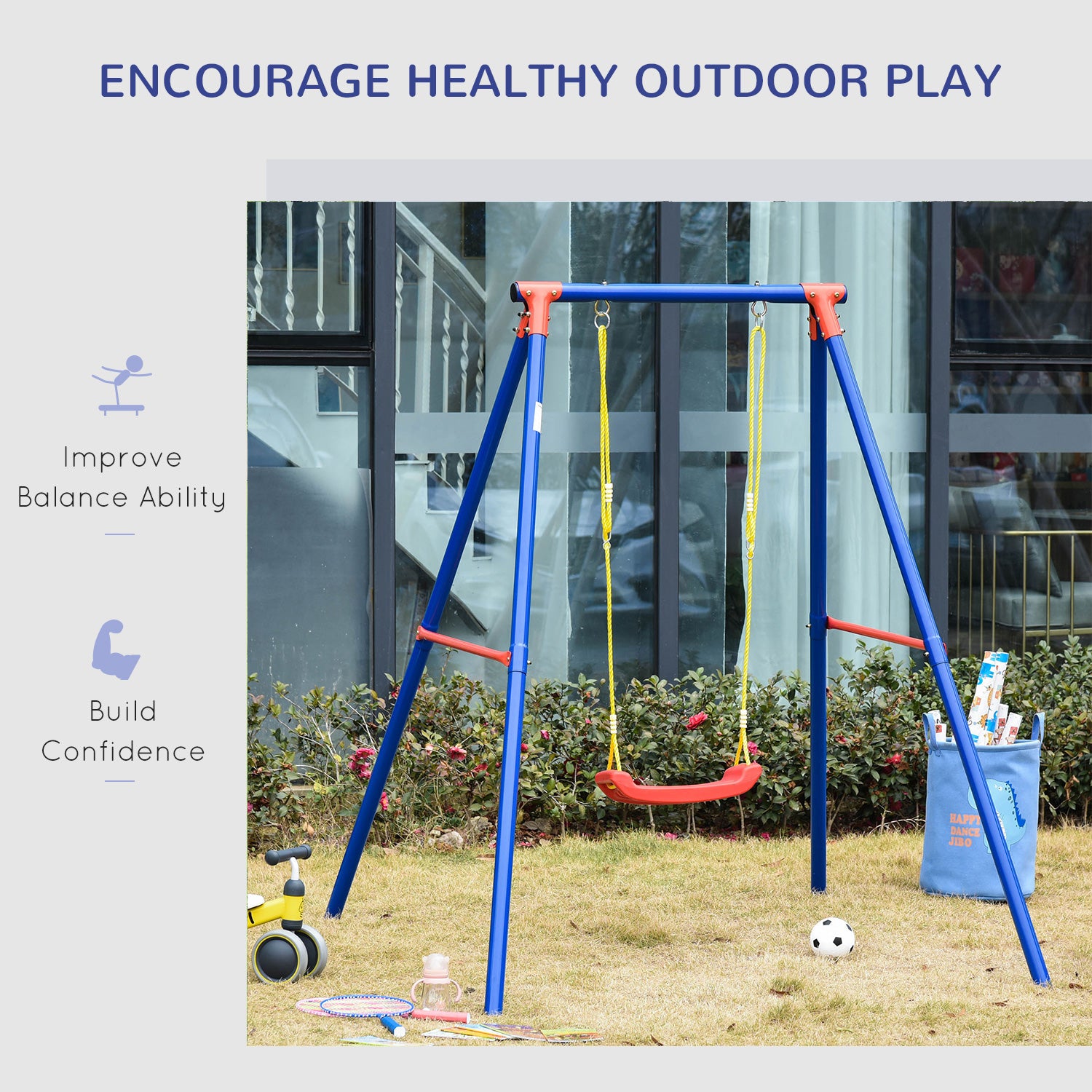 Outsunny Kids Swing Set Toddler Swing Adjustable Rope Heavy Duty A-Frame Stand Outdoor Playset for 3-8 Years Old Blue - North Peak Garden Furniture