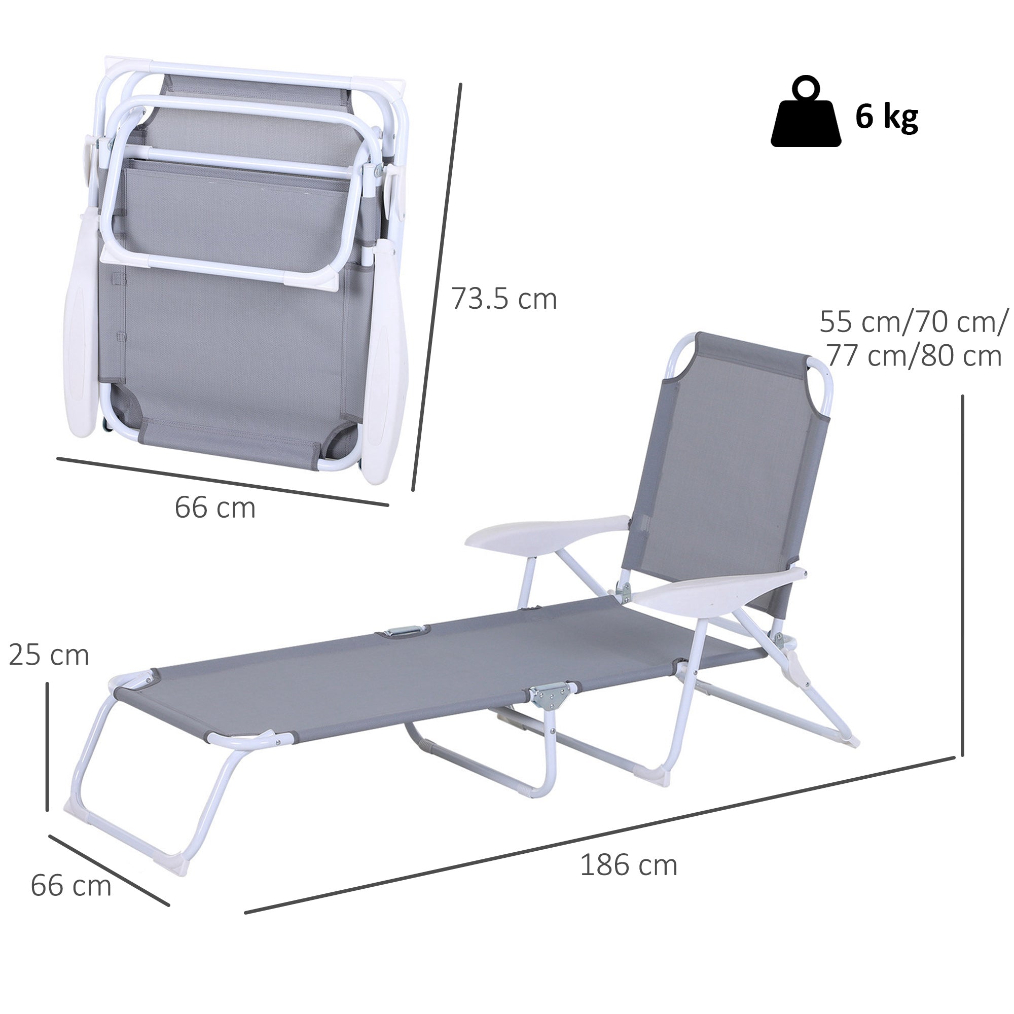 Outsunny Foldable Sun Lounger, Outdoor 4 Level Adjustable Backrest Reclining Lounge Chair with Armrests for Patio, Garden, Grey - North Peak Garden Furniture