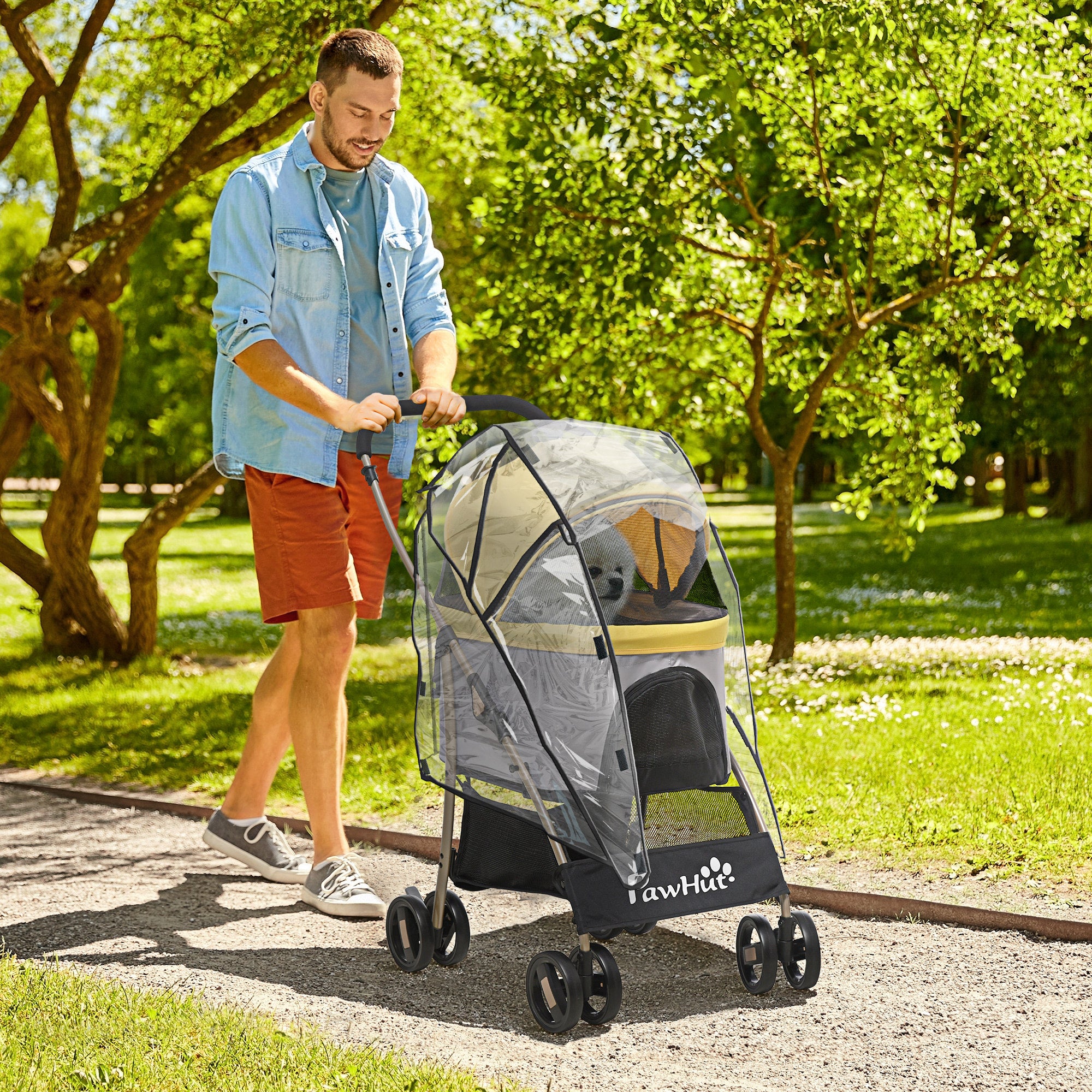 PawHut Detachable Pet Stroller with Rain Cover, 3 In 1 Cat Dog Pushchair, Foldable Carrying Bag w/ Universal Wheels, Brake, Canopy, Basket, Storage Bag for Small and Tiny Dogs - Yellow - North Peak Garden Furniture