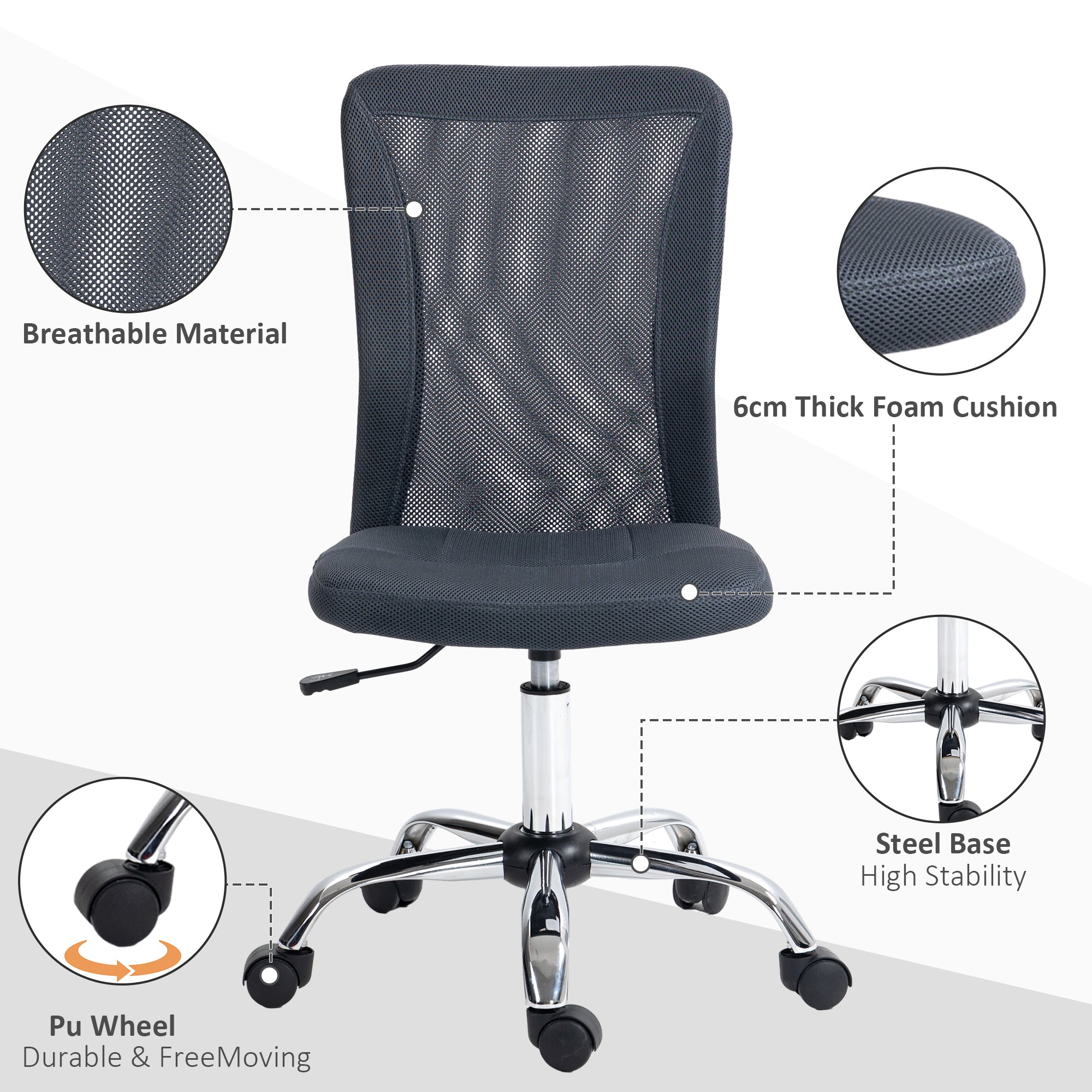 Vinsetto Computer Desk Chair, Mesh Office Chair with Adjustable Height and Swivel Wheels, Armless Study Chair, Dark Grey