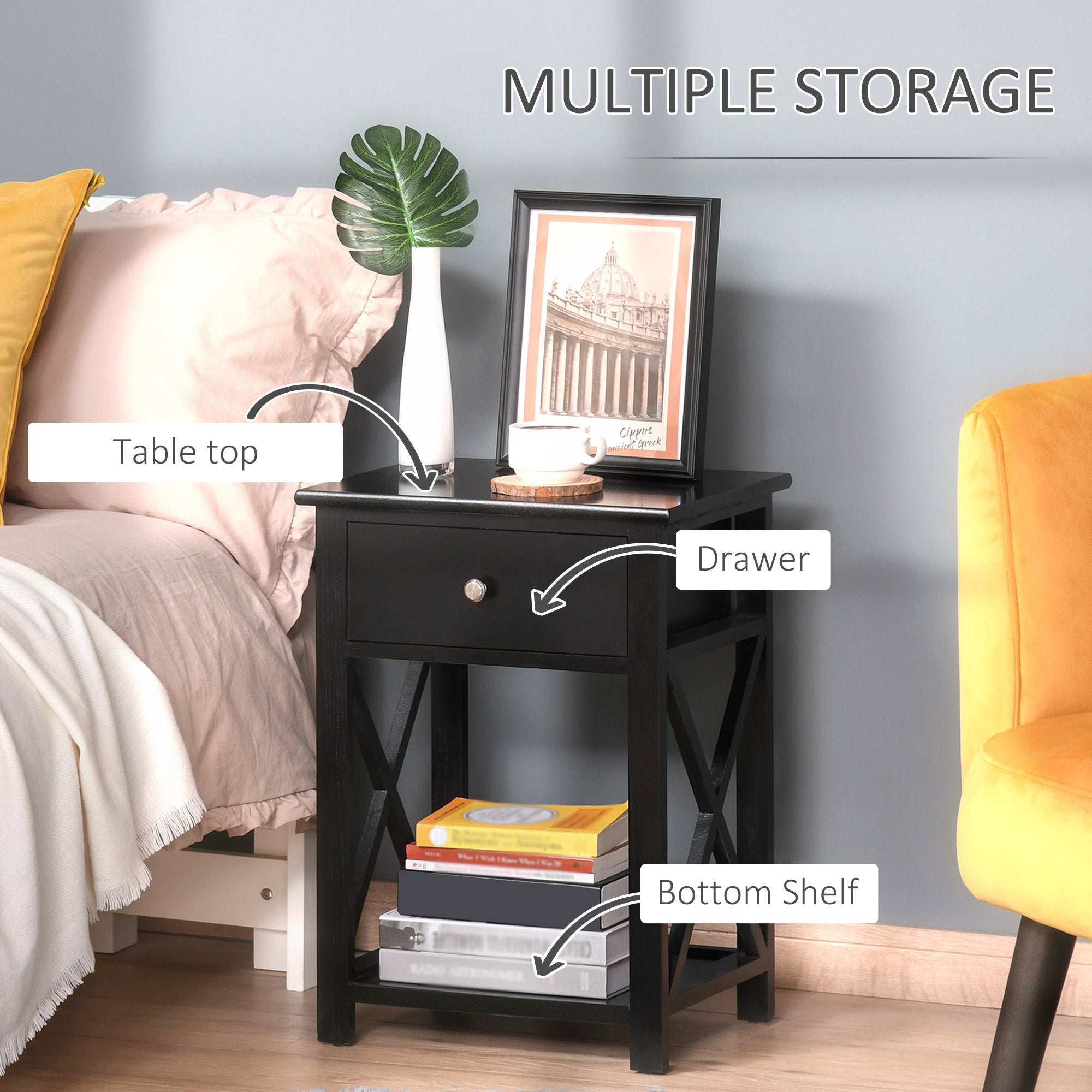 HOMCOM End Table, Sofa Side Table with Drawer X Bar Bottom Storage Shelf, Nightstand Bedside Table for Bedroom or Living Room Black - North Peak Garden Furniture