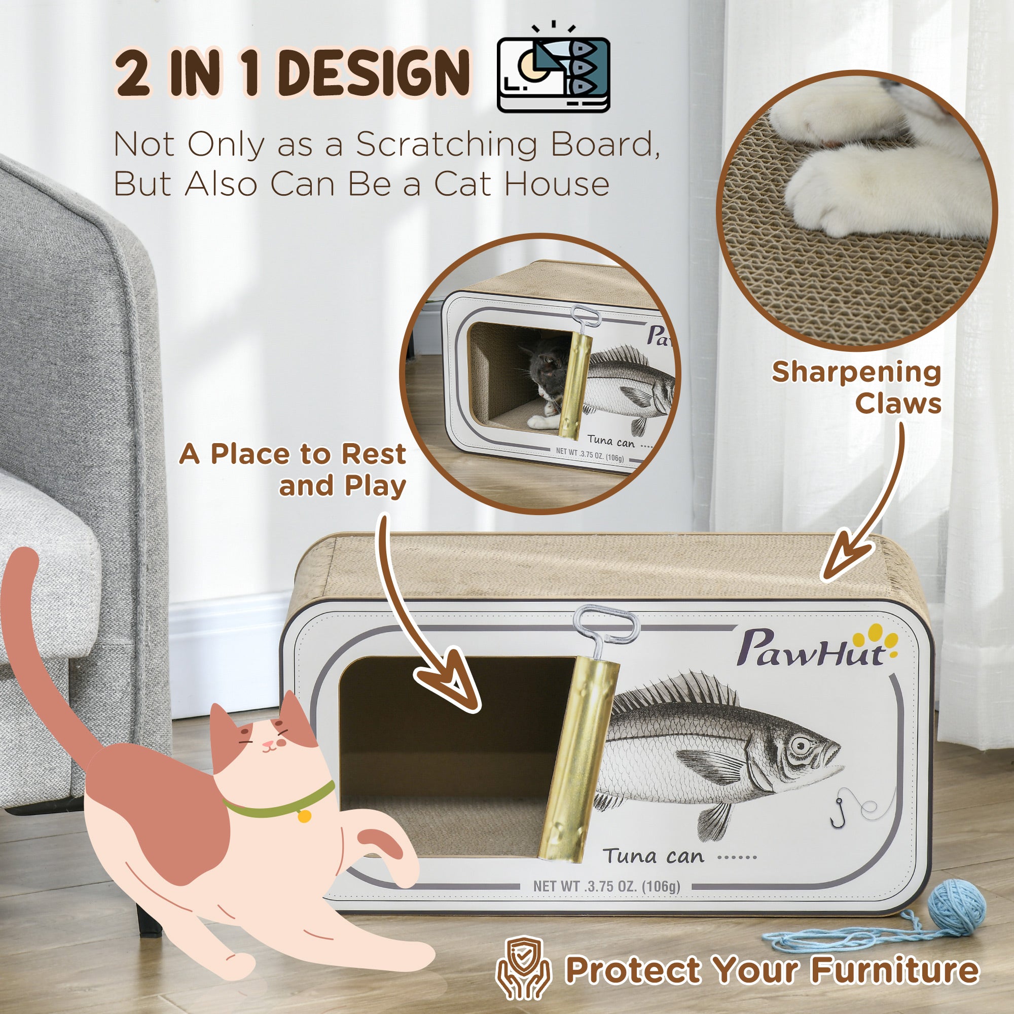 PawHut 2 in 1 Cat Scratching Board, Cardboard Cat House with Catnip, Canned Tuna Design - North Peak Garden Furniture