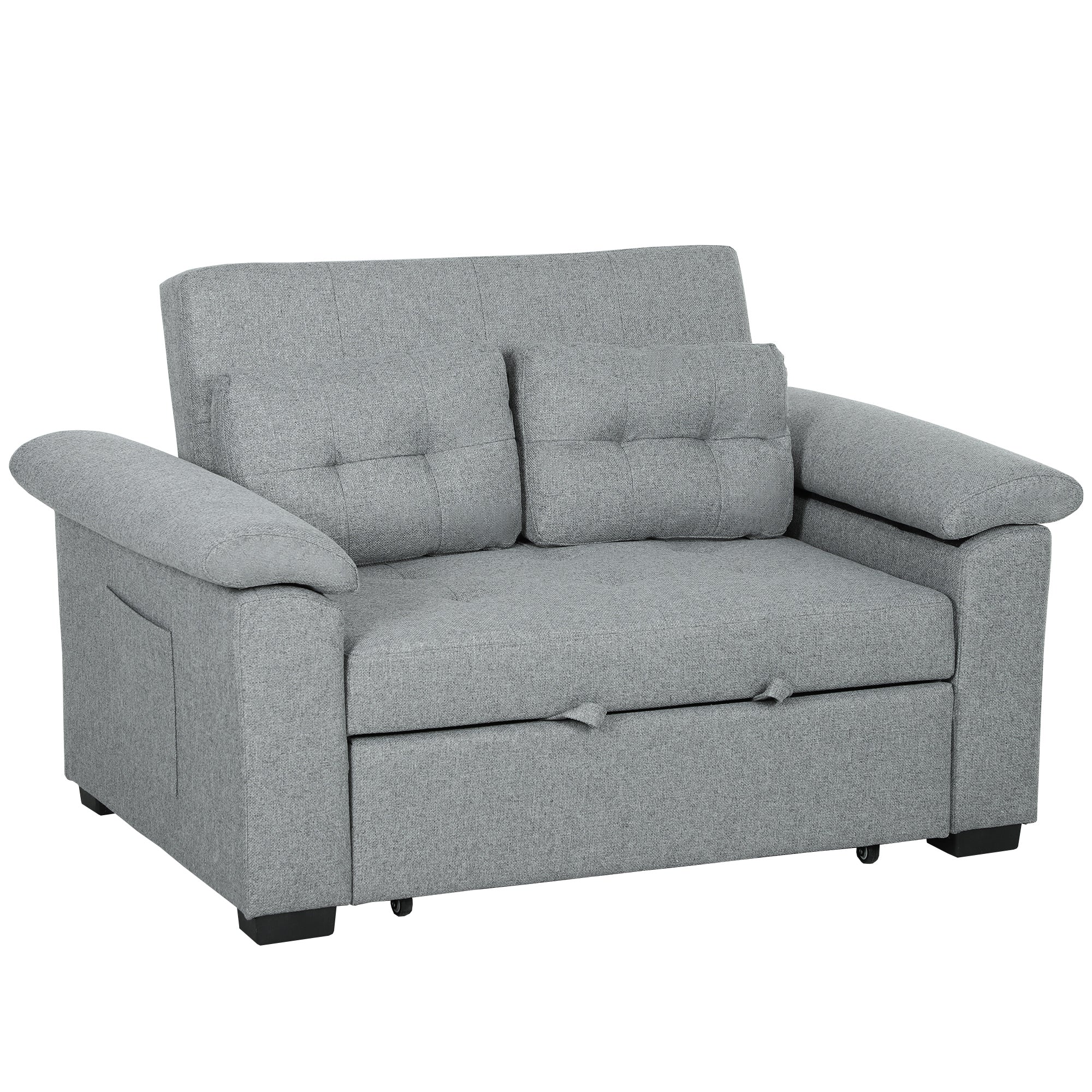 HOMCOM Pull Out Sofa Bed with 2 Pocket Springs, Fabric 2 Seater Click Clack Sofa Bed Settee, Convertible Sofa Couch with Pillows and Side Pockets for Living Room, Home Office, Light Grey - North Peak Garden Furniture