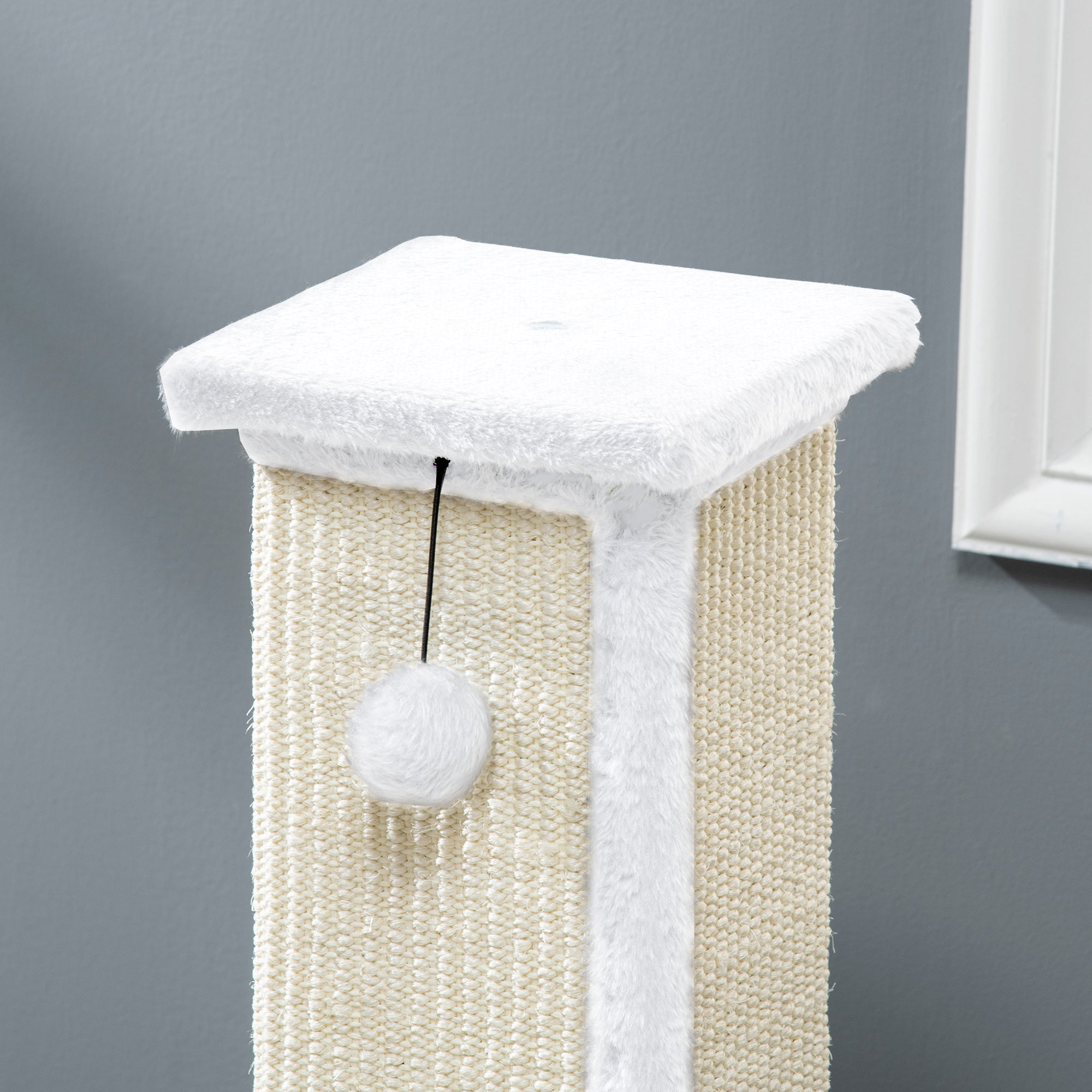 PawHut 81cm Cat Scratcher, Vertical Full Scratcher w/ Natural Sisal Rope, Hanging Ball, Soft Plush - White - North Peak Garden Furniture