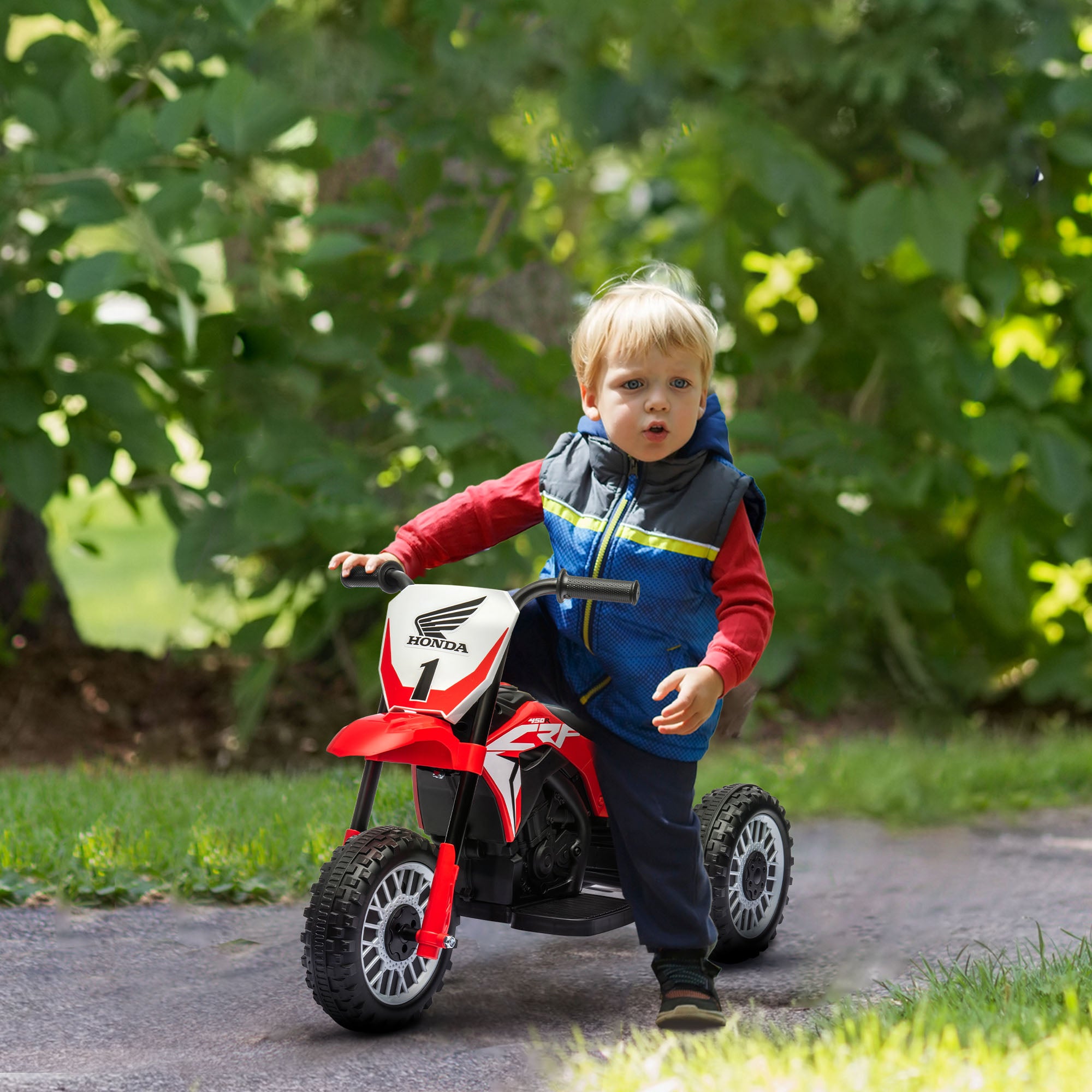 HOMCOM 6V Kids Motorbike, Three-Wheel Kids Electric Bike with Horn, Startup Sound for Ages 18-36 Months - Red - North Peak Garden Furniture