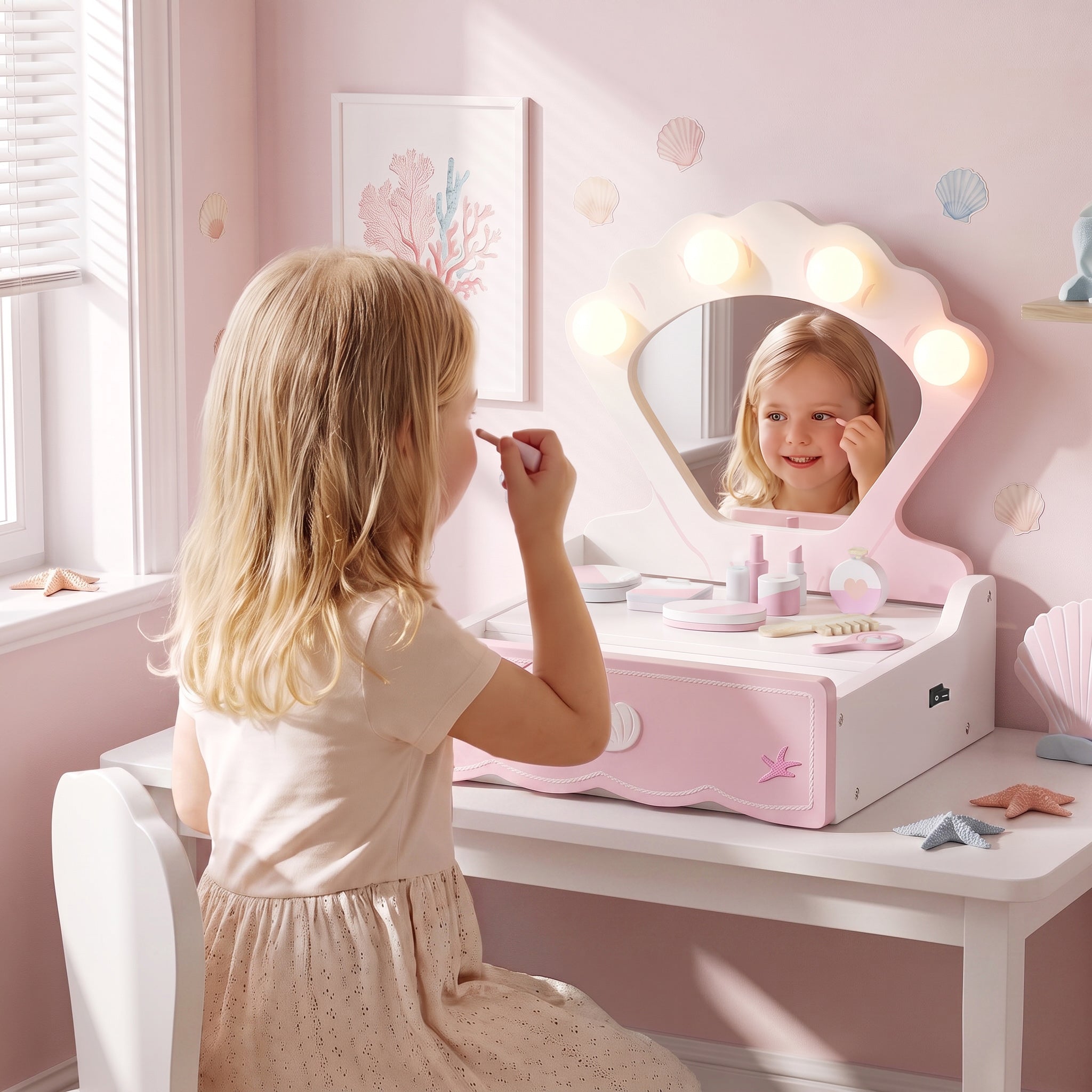 AIYAPLAY Kids Dressing Table, Portable Vanity Table with Lights, Mirror, Drawer, Accessories, Gift for 3-6 Years