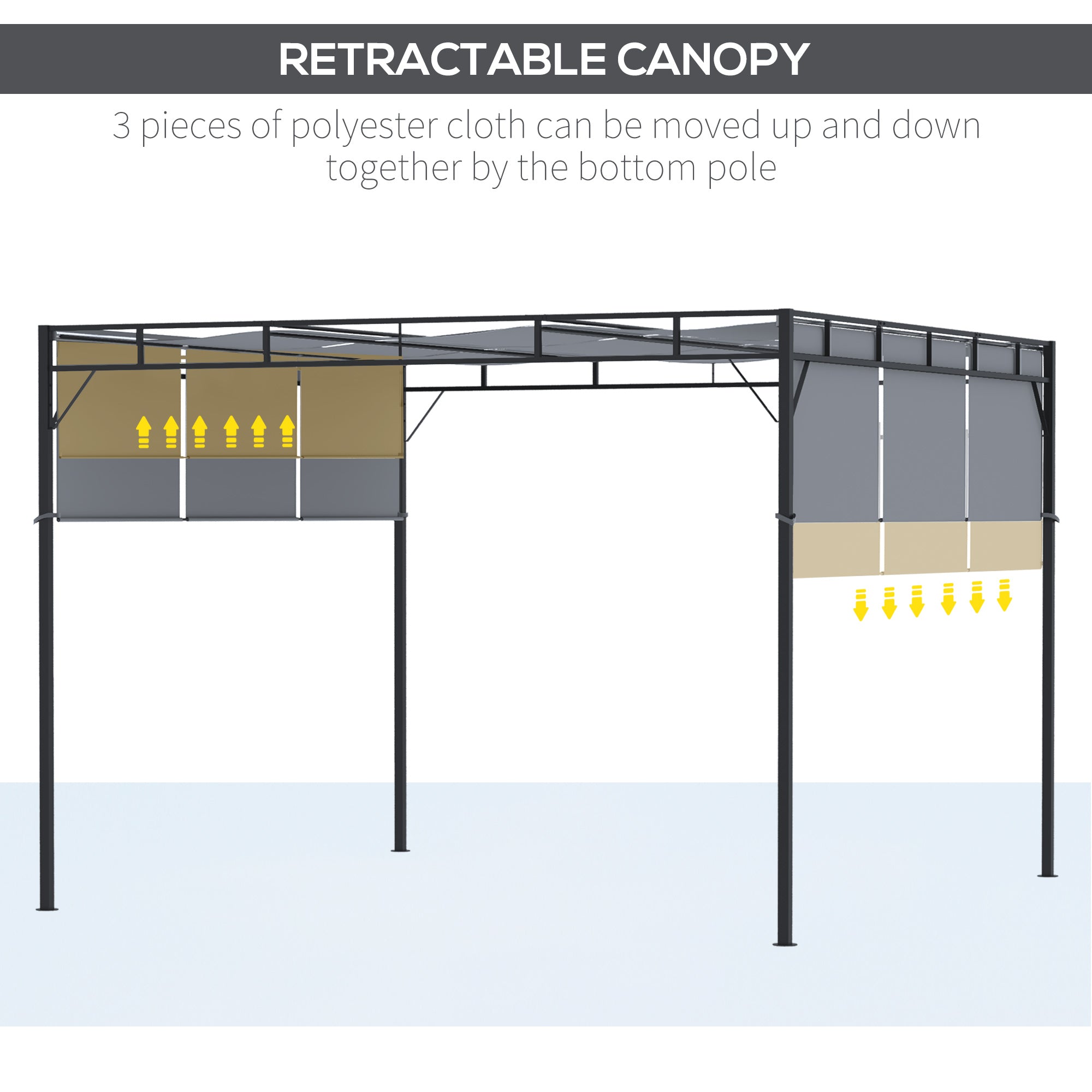 Outsunny 3 x 3(m) Steel Pergola Gazebo with Retractable Roof, Garden Gazebo Canopy Sun Shade Shelter for Outdoor, Deck, Patio, Dark Grey - North Peak Garden Furniture