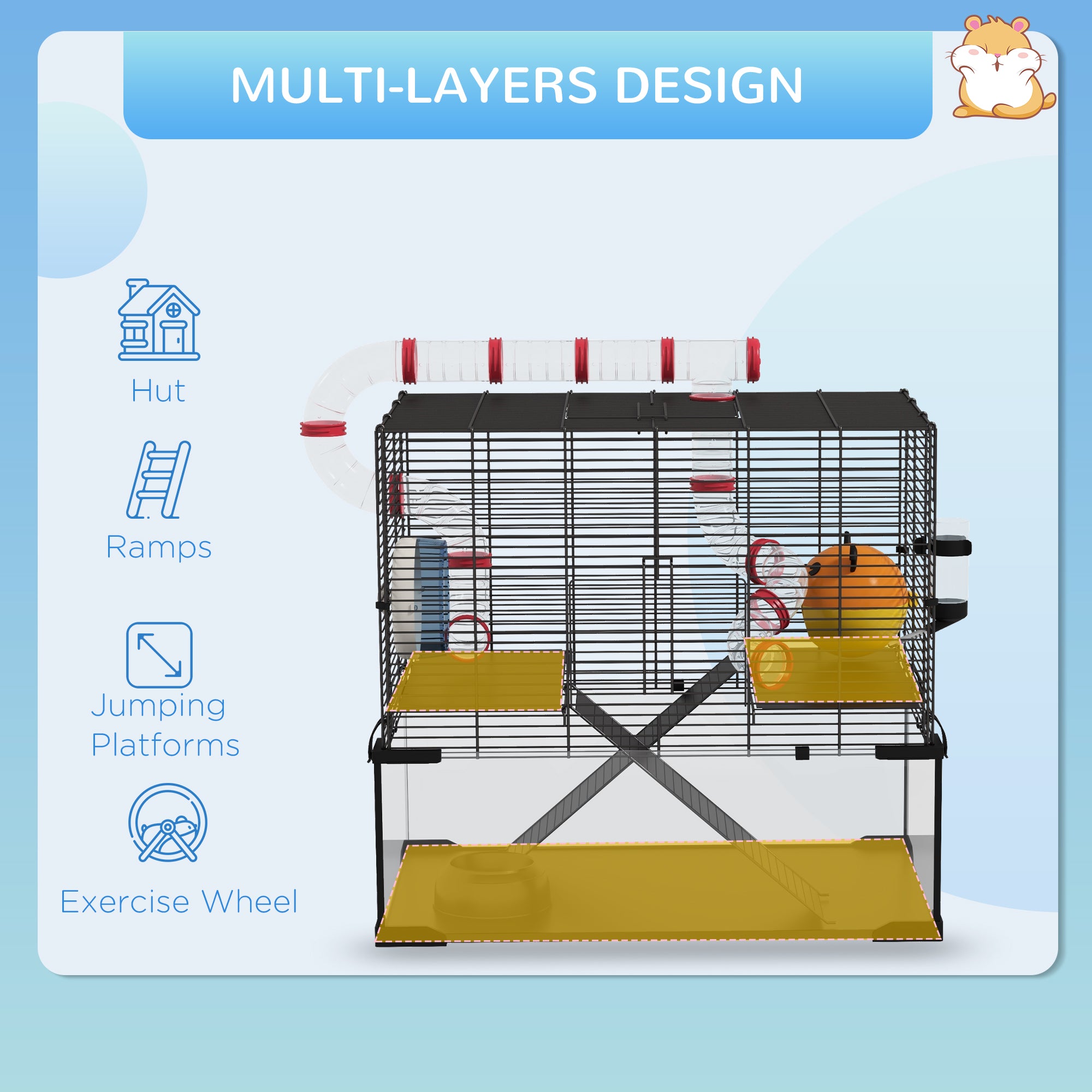 PawHut Gerbil Cage Dwarf Hamster Cage, with Deep Glass Bottom, Tunnels, Hut, Exercise Wheel, 60 x 40 x 57cm - North Peak Garden Furniture