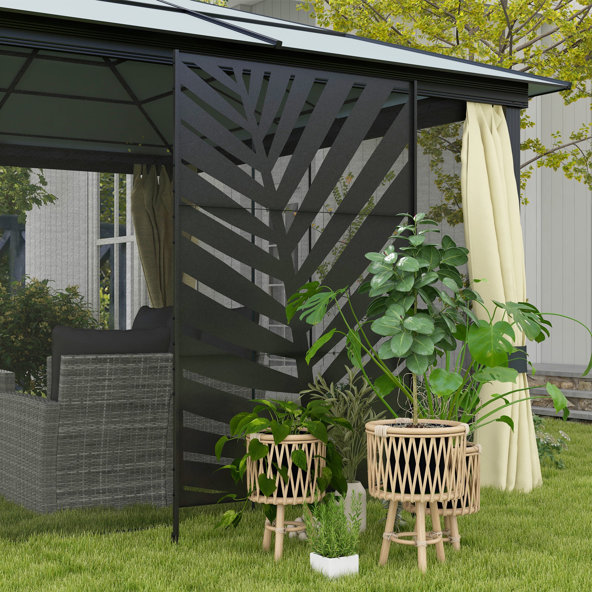 Outsunny Decorative Privacy Screen with Stand, 6.5FT Freestanding Metal Outdoor Divider, Decorative Privacy Panel with Expansion Screws for Garden Patio Pool Hot Tub, Banana Leaf Style, Black - North Peak Garden Furniture