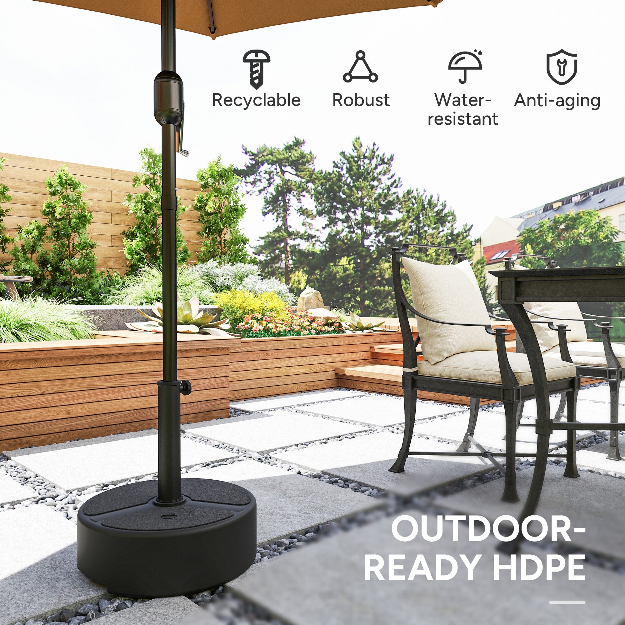Outsunny Round Garden Parasol Base, Garden Umbrella Stand Heavy Duty Parasol Base, Filled Up to 20kg with Stand or 18kg with Water for 38, 48 mm Poles, Black - North Peak Garden Furniture