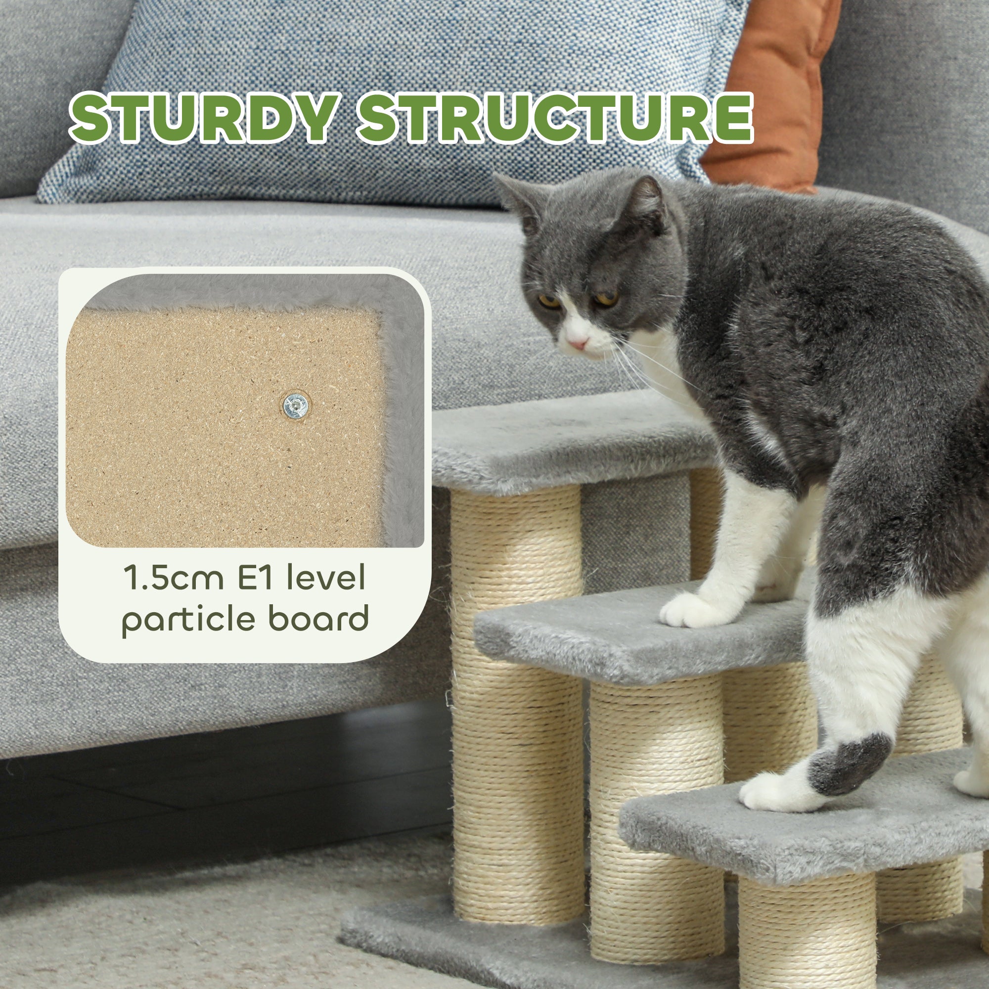 PawHut Pet Stairs 3-step Pet Ladder Cat dog Stairs Climb Ladder Cat Tree, Grey - North Peak Garden Furniture