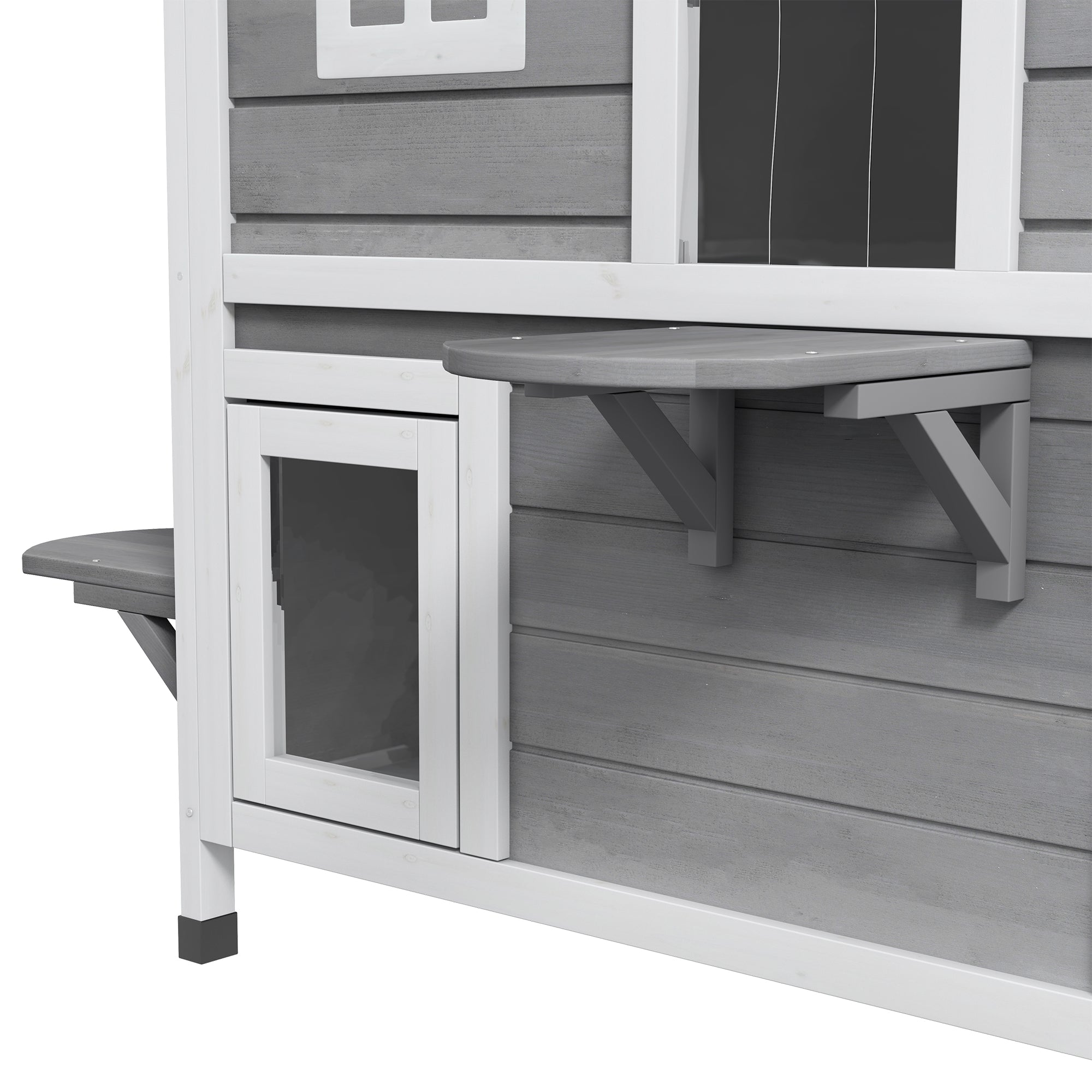 PawHut 2-story Cat House Outdoor, Weatherproof Wooden Cat Enclosure for Feral Cats with Escape Door, Openable Roof, Jumping Platforms, Grey - North Peak Garden Furniture