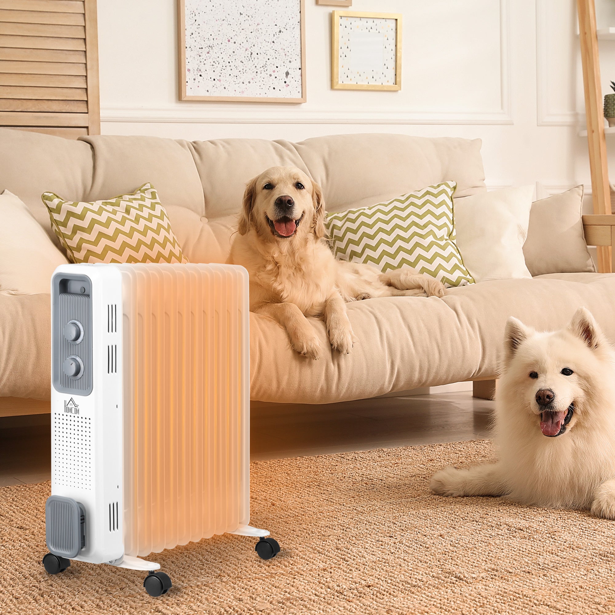 HOMCOM 2500W Oil Filled Radiator, 11 Fin, Portable Electric Heater with 3 Heat Settings, Safety Cut-Off and Wheels, White - North Peak Garden Furniture