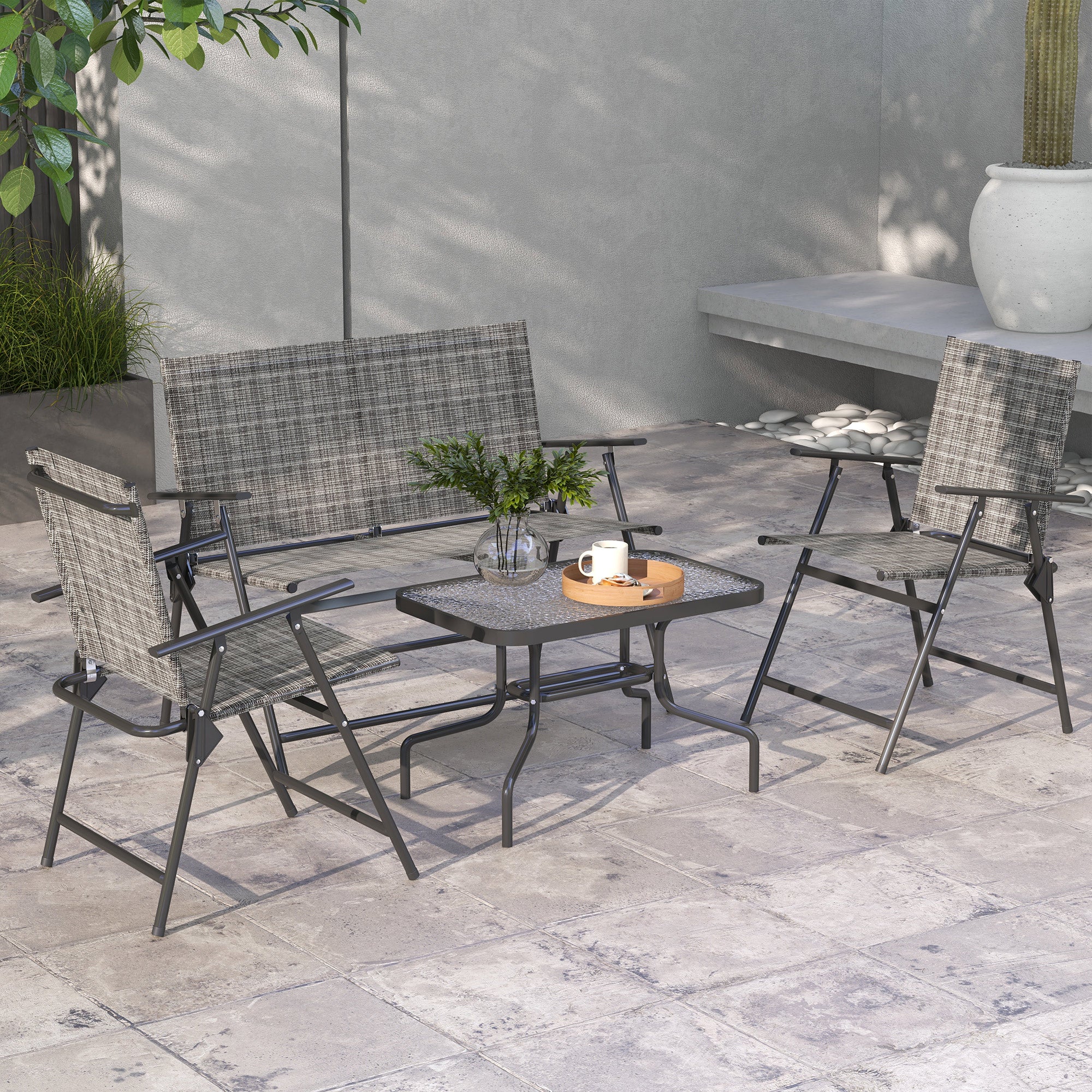 Outsunny Outdoor 4 Pieces Patio Furniture Set with Breathable Mesh Fabric Seat & Backrest, Garden Set with Two Foldable Armchairs, a Loveseat & Glass Top Table, Mixed Grey - North Peak Garden Furniture