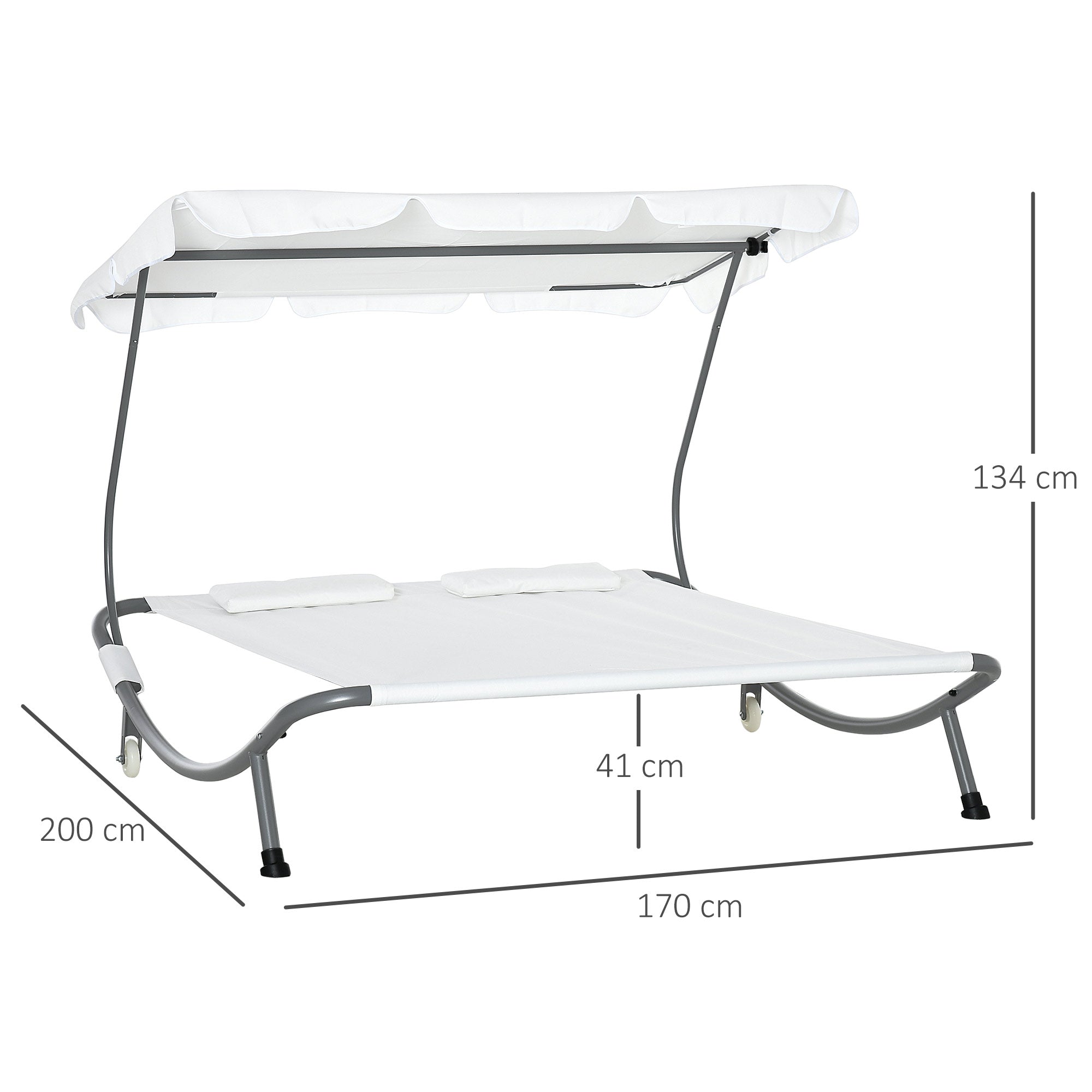 Outsunny Patio Double Hammock Sun Lounger Bed w/ Canopy Shelter, Wheels & 2 Pillows, White - North Peak Garden Furniture