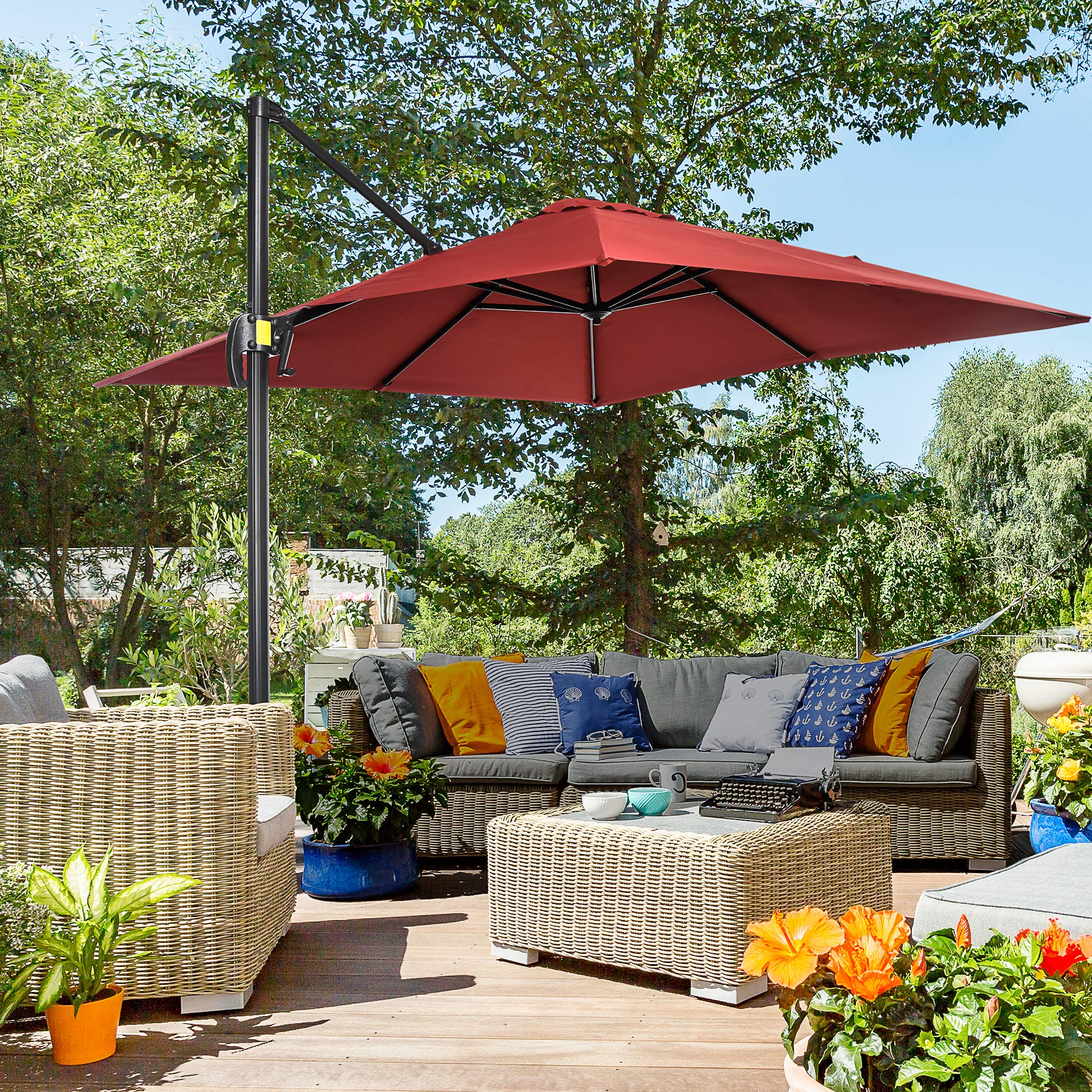 Outsunny 2.5 x 2.5m Patio Offset Parasol Umbrella Cantilever Hanging Aluminium Sun Shade Canopy Shelter 360° Rotation with Crank Handle and Cross Base, Wine Red - North Peak Garden Furniture