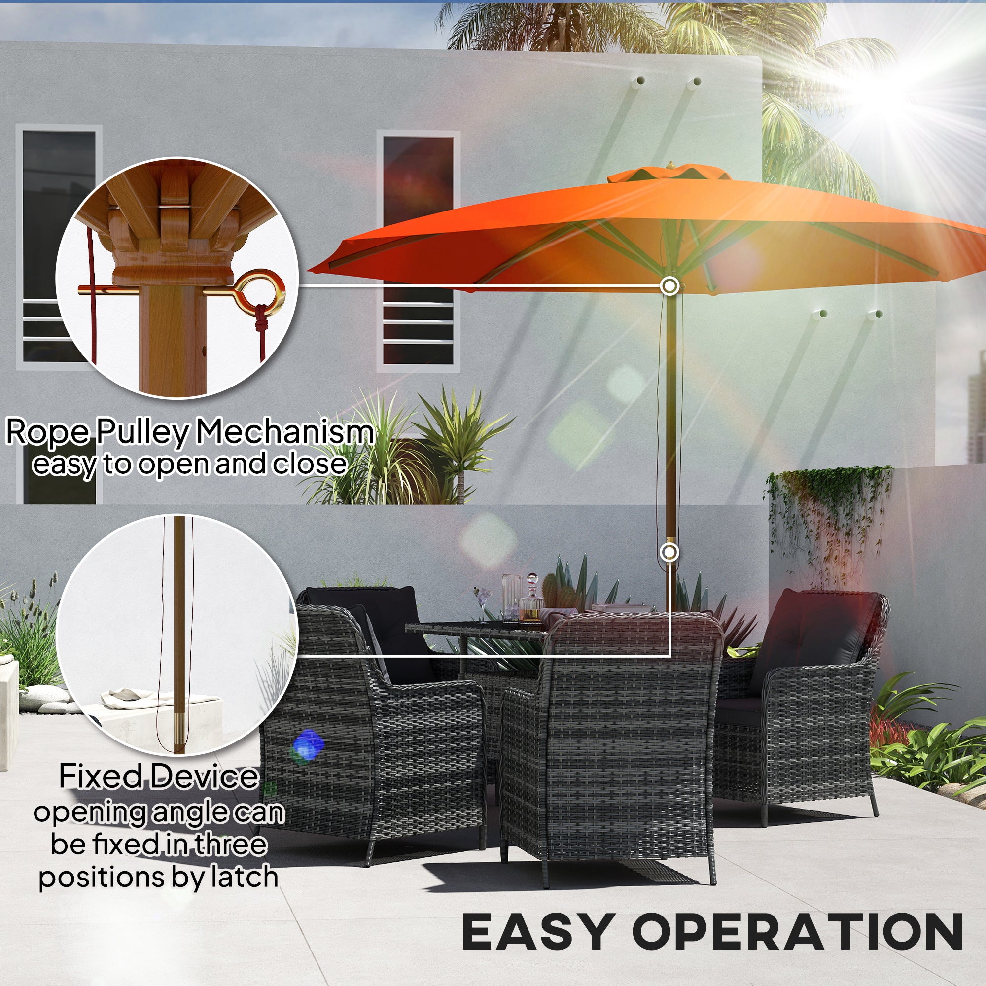 Outsunny 3m Wood Pole Parasol Umbrella - Orange - North Peak Garden Furniture