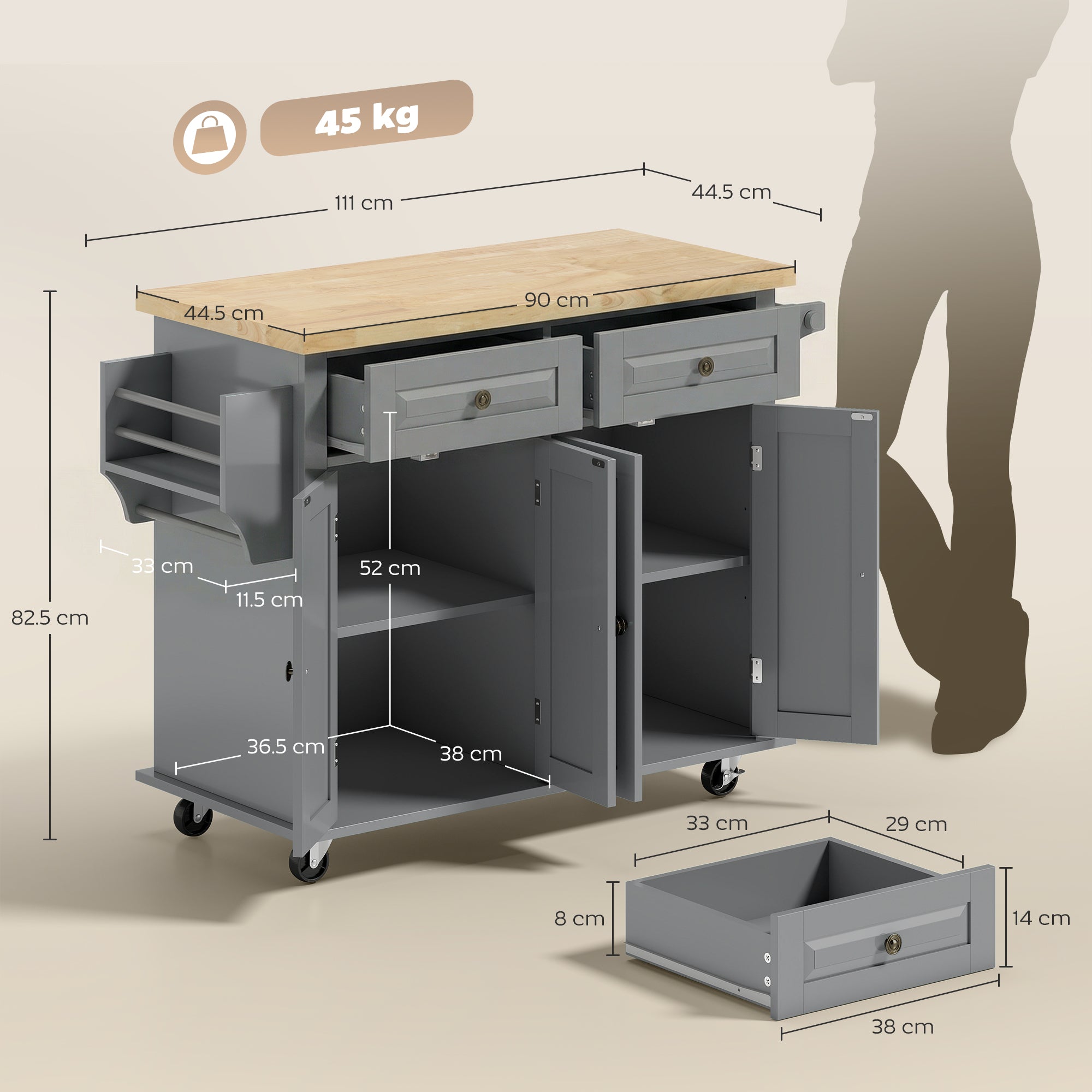 HOMCOM Rolling Kitchen Island Storage Trolley with Rubber Wood Top & Drawers for Dining Room, Grey