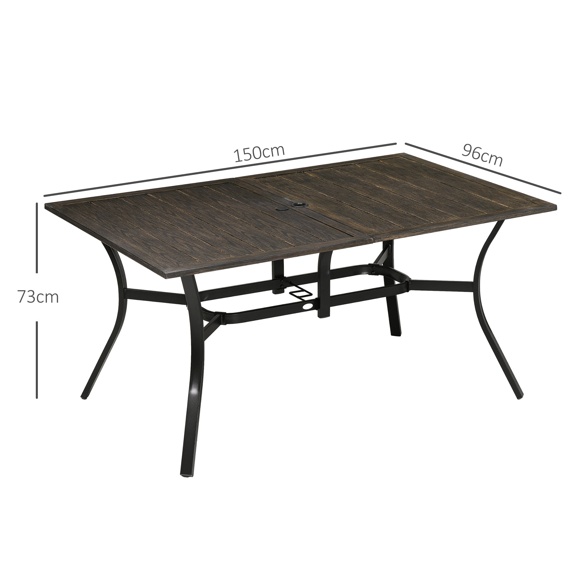 Outsunny Six-Seater Steel Garden Table, with ⌀41mm Parasol Hole - Wood-Effect - North Peak Garden Furniture