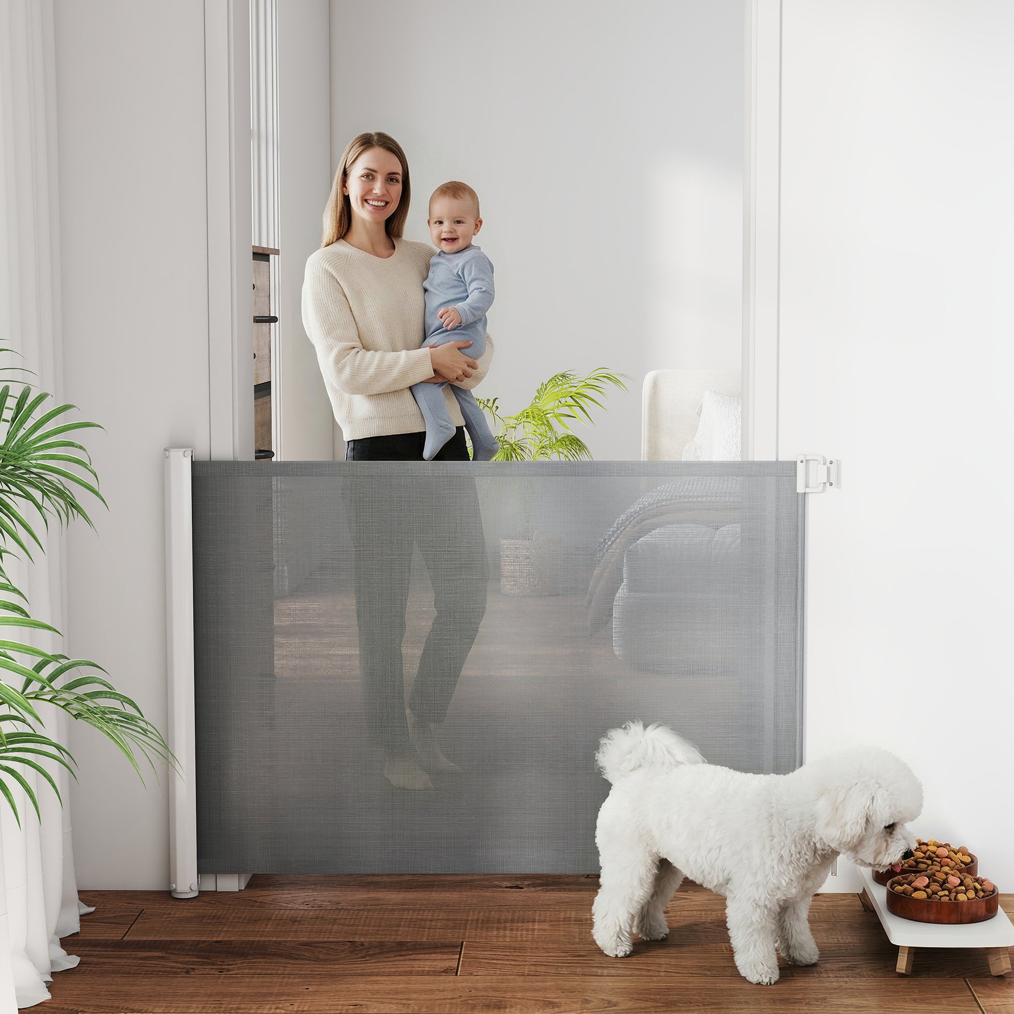 PawHut Retractable Safety Gate, Dog Pet Barrier, Folding Protector, for Home, Doorway, Stairs, 82.5H x 115Lcm - Grey