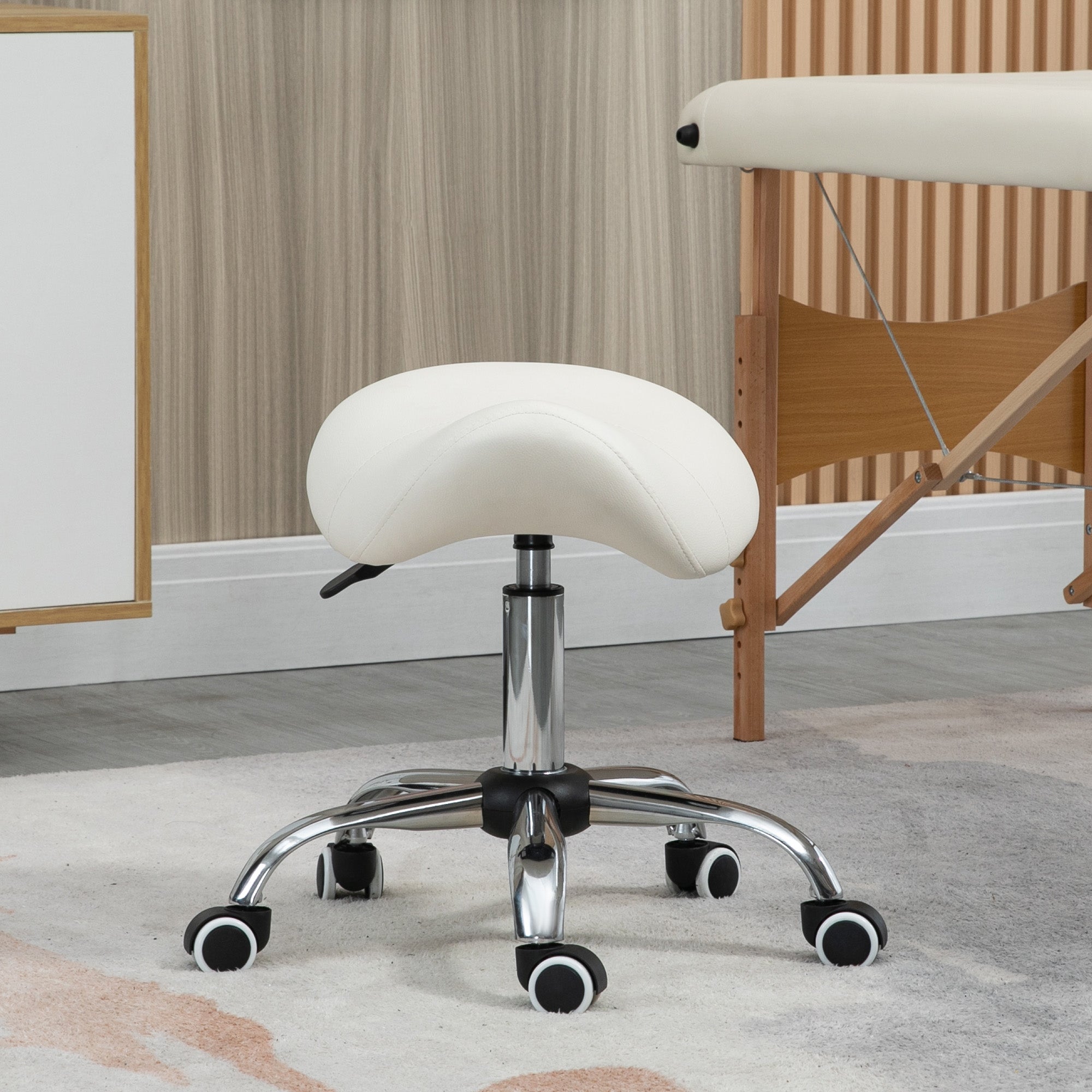 HOMCOM Cosmetic Stool 360° Rotate Height Adjustable Salon Massage Spa Chair Hydraulic Rolling Faux Leather Saddle Stool, Cream - North Peak Garden Furniture