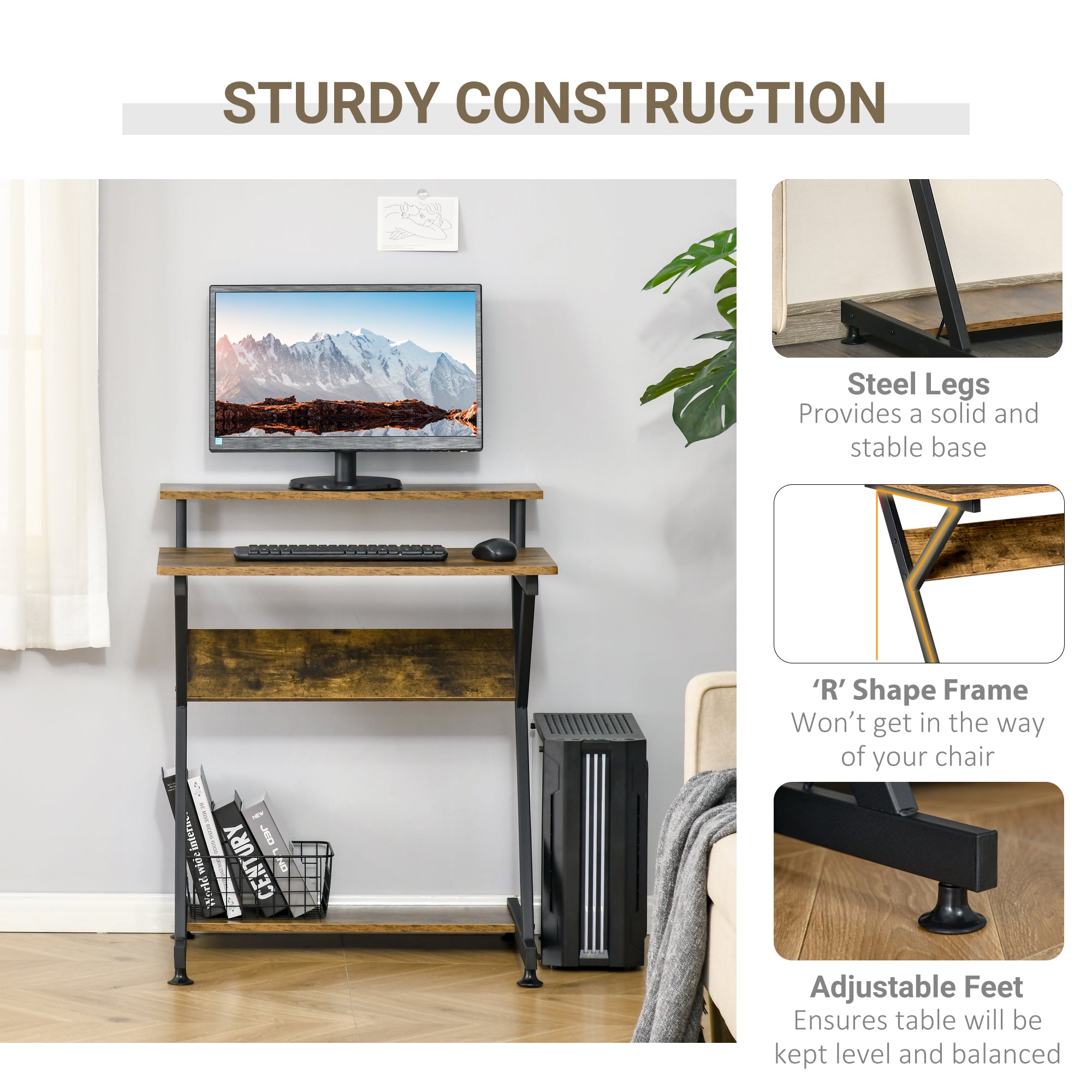 HOMCOM Industrial Computer Desk with Monitor Stand, 70 x 60cm Compact Desk for Small Spaces, Home Office Desk, Rustic Brown - North Peak Garden Furniture
