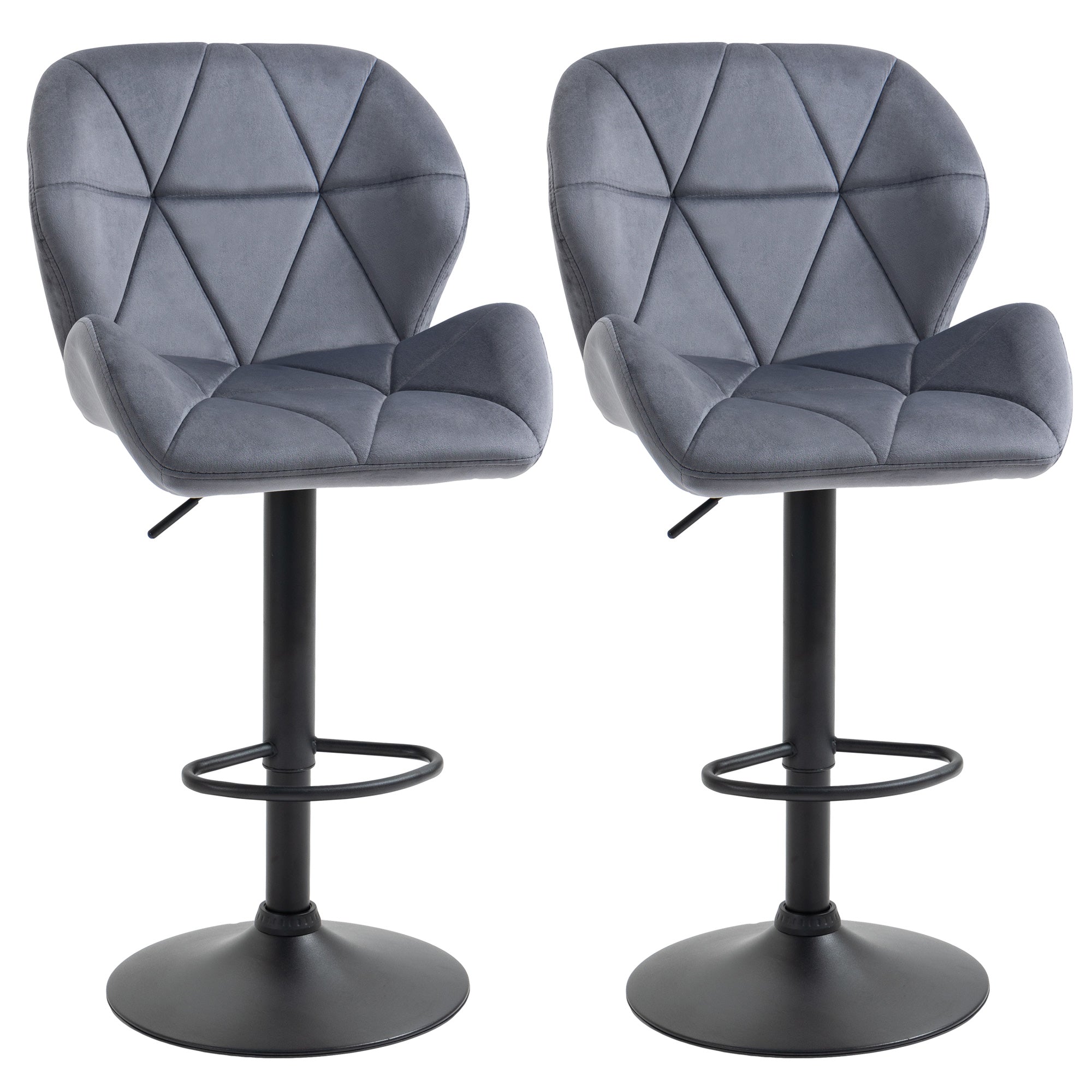 HOMCOM Adjustable Bar Stools Set of 2, Armless Upholstered Swivel Counter Chairs, Barstools with Back, Footrest, Dark Grey - North Peak Garden Furniture
