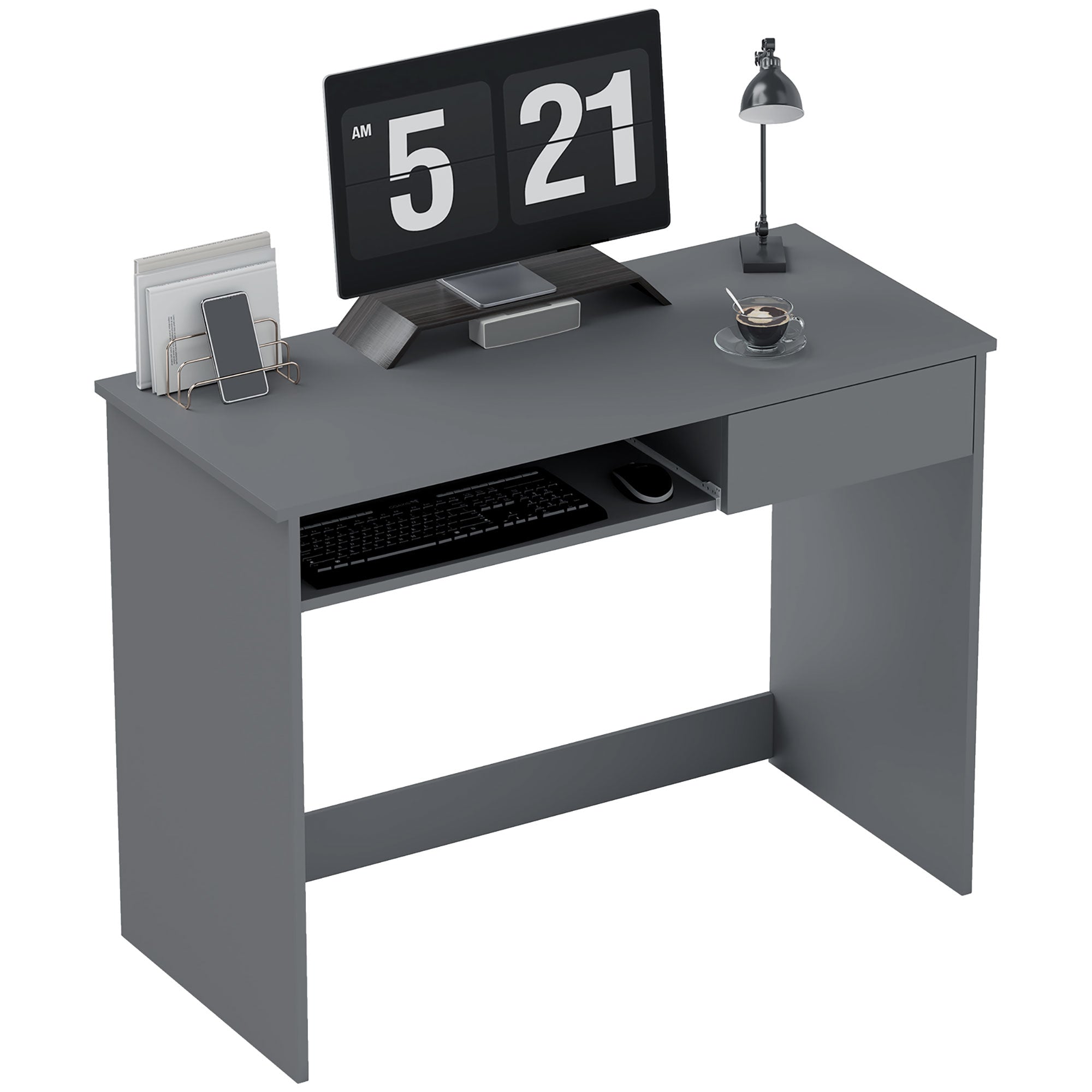 HOMCOM 100cm Compact Computer Desk with Keyboard Tray, Home Office Desk with Drawer for Bedroom Study, Grey - North Peak Garden Furniture