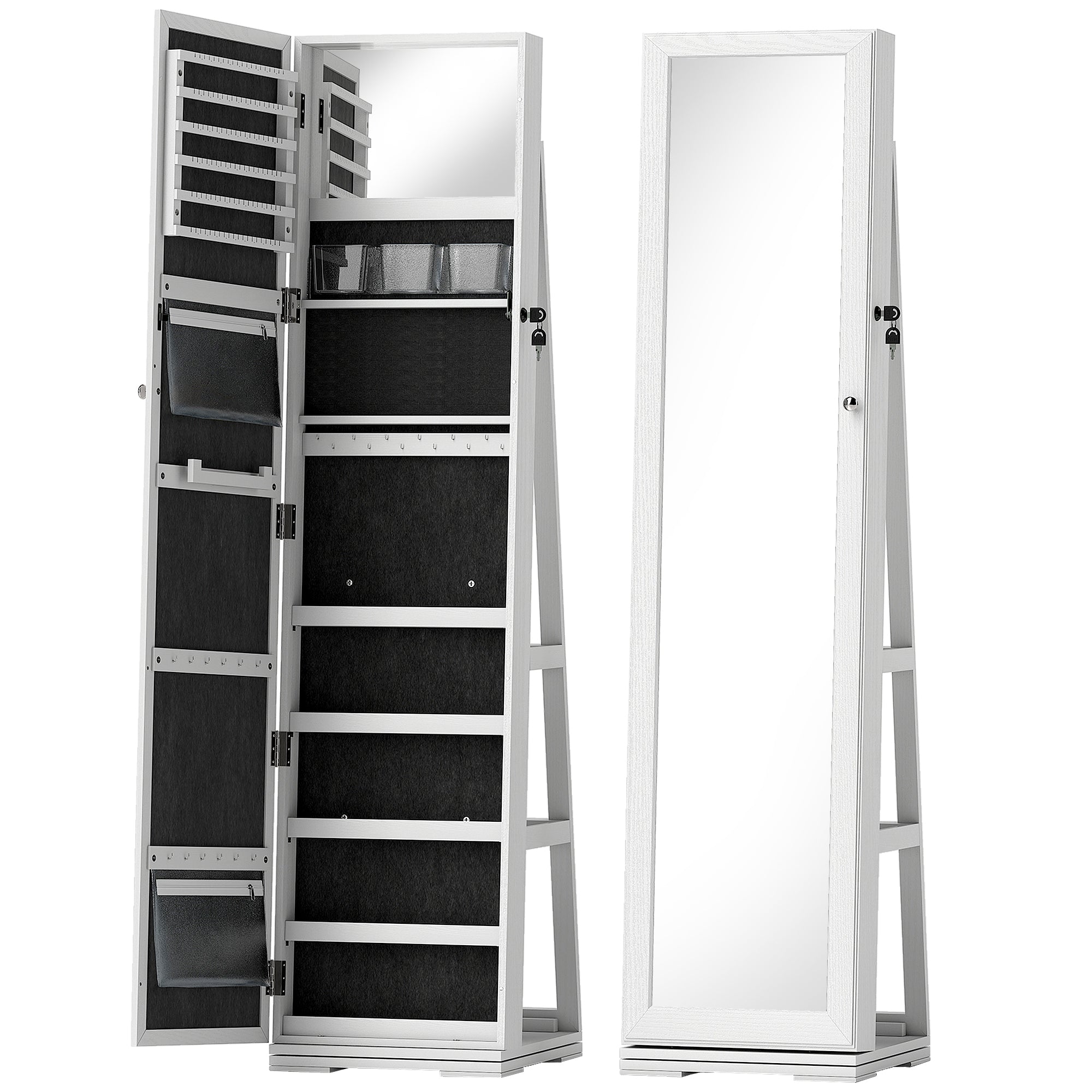 HOMCOM 360° Swivel Jewellery Cabinet, Mirror Armoire, Full Length Mirror, Lockable Jewellery Organizer with Built-In Small Mirror, White