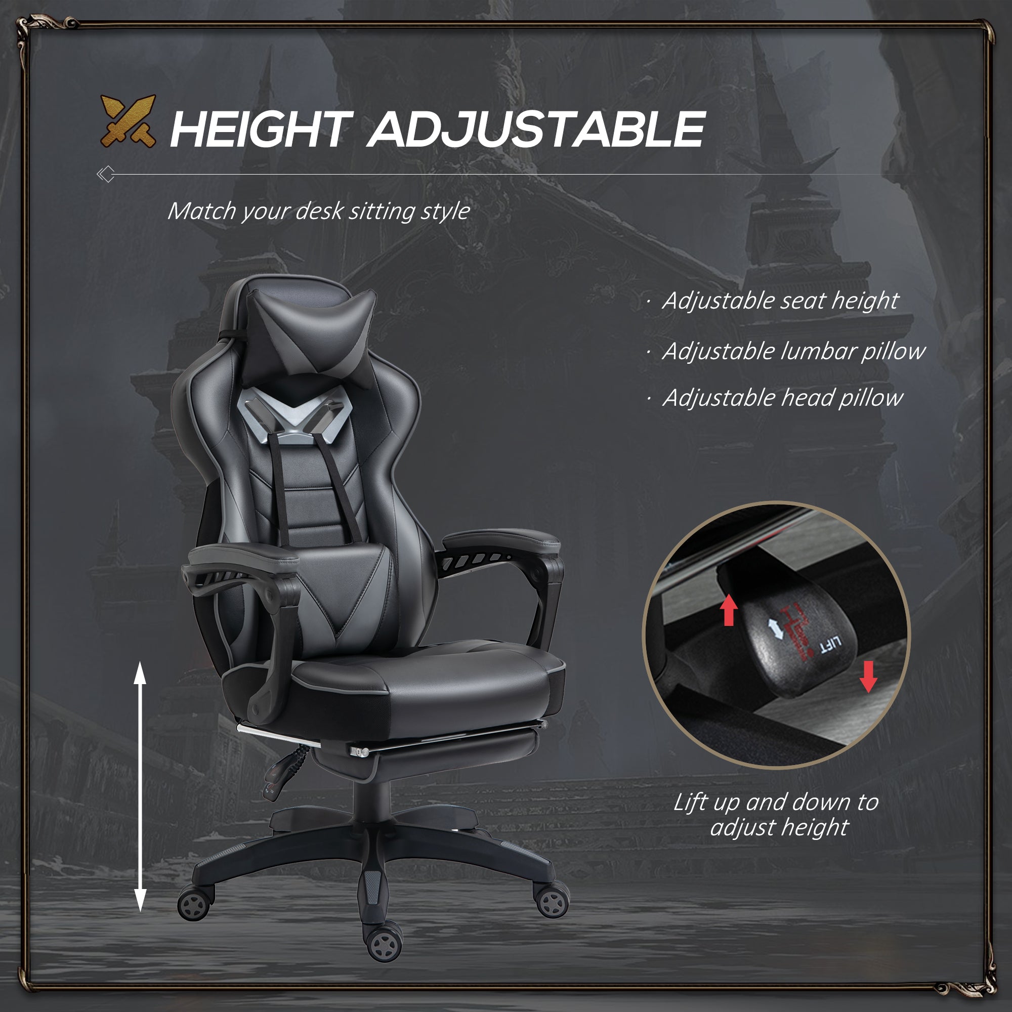 Vinsetto Computer Gaming Chair, Racing Desk Chair with Lumbar Support and Footrest, PU Leather Gamer Chair with Headrest and Swivel Wheels for Home, Grey - North Peak Garden Furniture