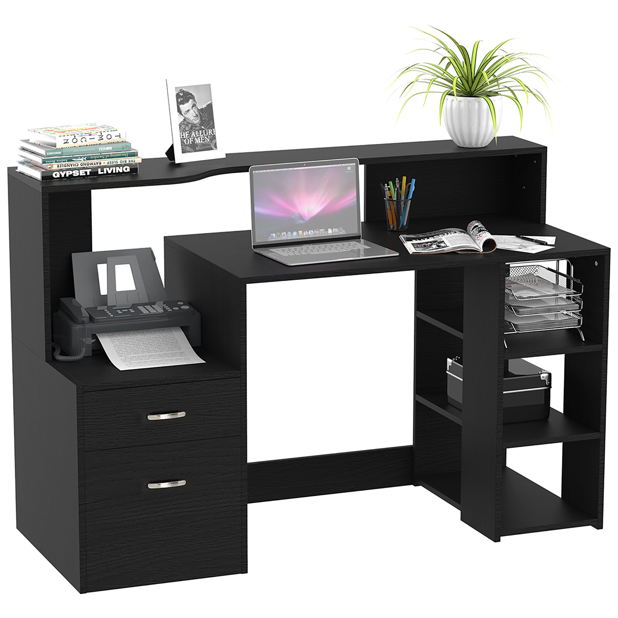 HOMCOM Computer Desk with Drawers and Storage Shelves, Reception Desk, Study Workstation for Home Office, 137 x 55 x 92cm, Black - North Peak Garden Furniture
