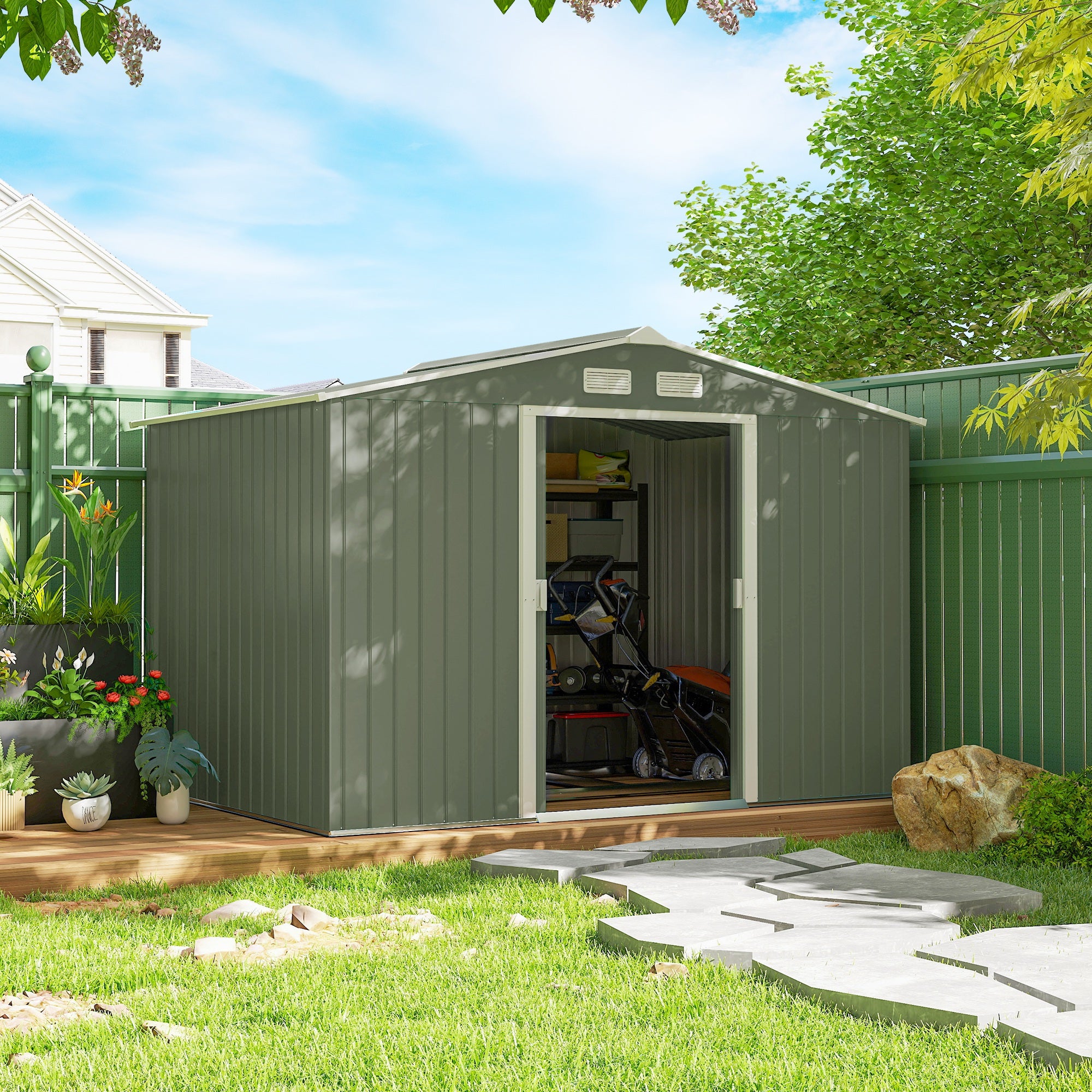 Outsunny 9 x 6ft Metal Garden Shed, Outdoor Storage Tool House with Ventilation Slots, Foundation Kit and Lockable Double Doors, Light Green