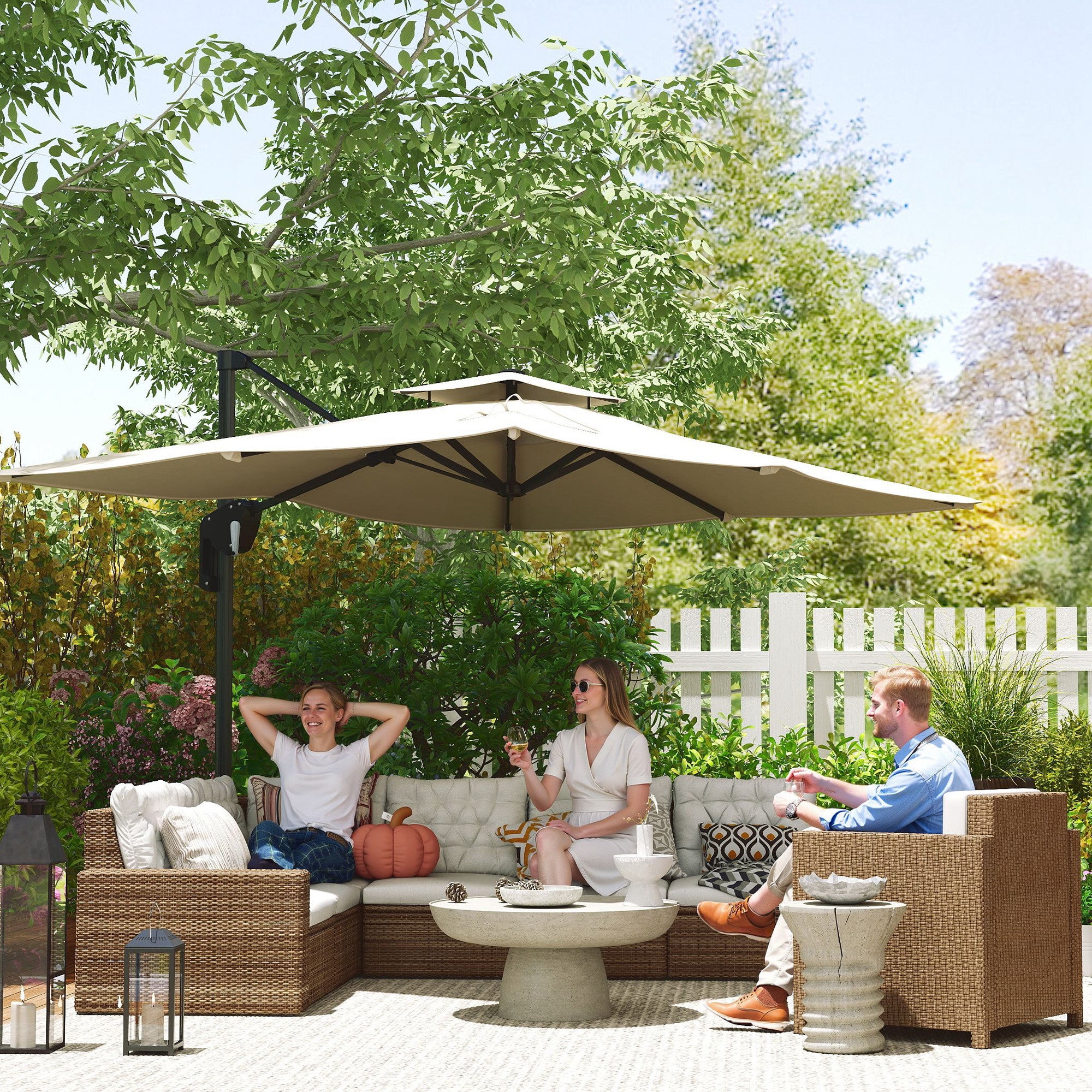 Outsunny 3.7 x 2.7 m Cantilever Parasol w/ 360° Rotation and Easy Tilt Adjustment, Aluminium Hanging Offset Outdoor Umbrella w/ Double Top and Cross Base, UPF50+ Hanging Sun Shade, Black - North Peak Garden Furniture