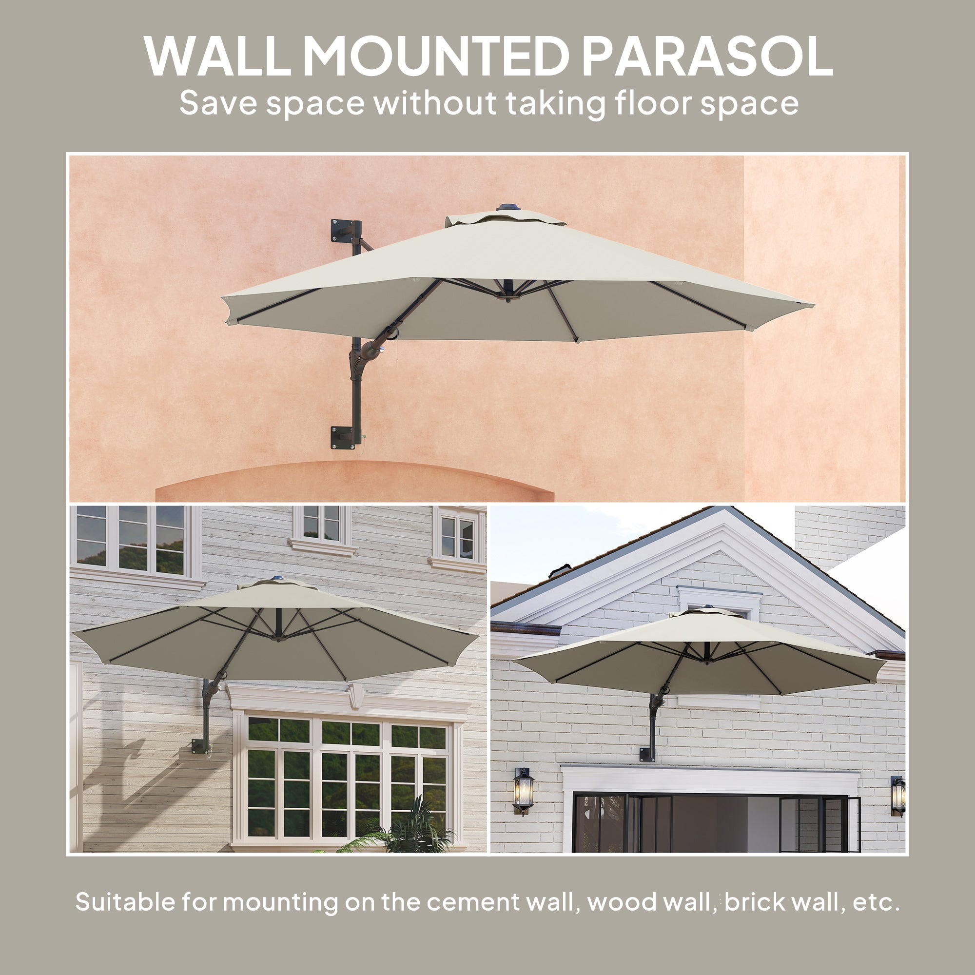 Outsunny 3(m) Wall-Mounted Parasol Shade, with Handle - Light Grey - North Peak Garden Furniture