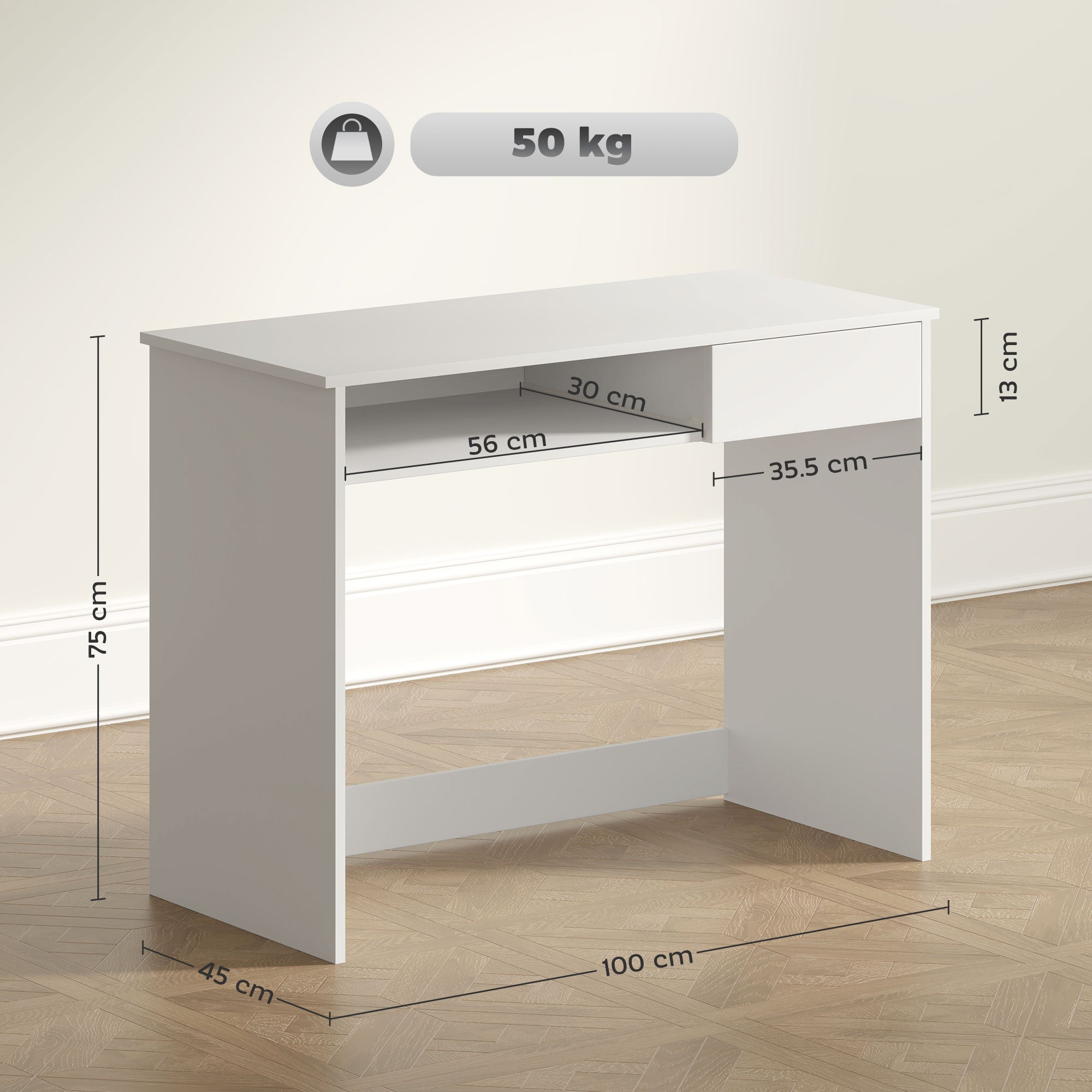 HOMCOM 100cm Compact Computer Desk with Keyboard Tray, Home Office Desk with Drawer for Bedroom Study, White - North Peak Garden Furniture