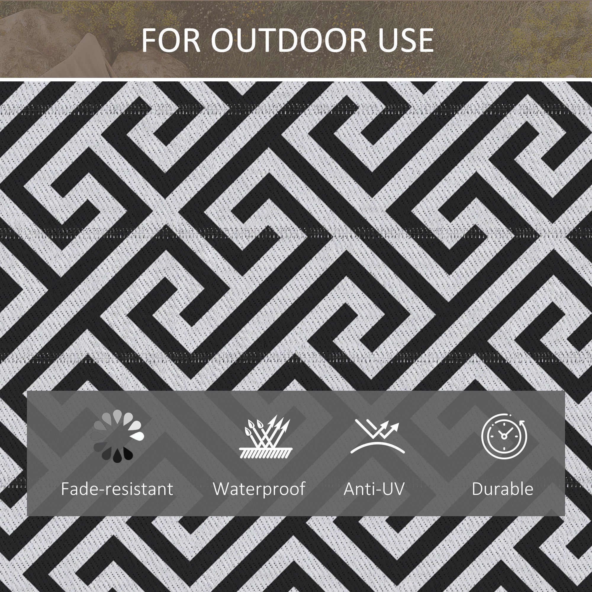 Outsunny 121 x 182 cm(4x6ft) Outdoor Rug Reversible Mat Plastic Straw Rug Portable RV Camping Mat for Garden Deck Picnic Indoor, Black & White - North Peak Garden Furniture