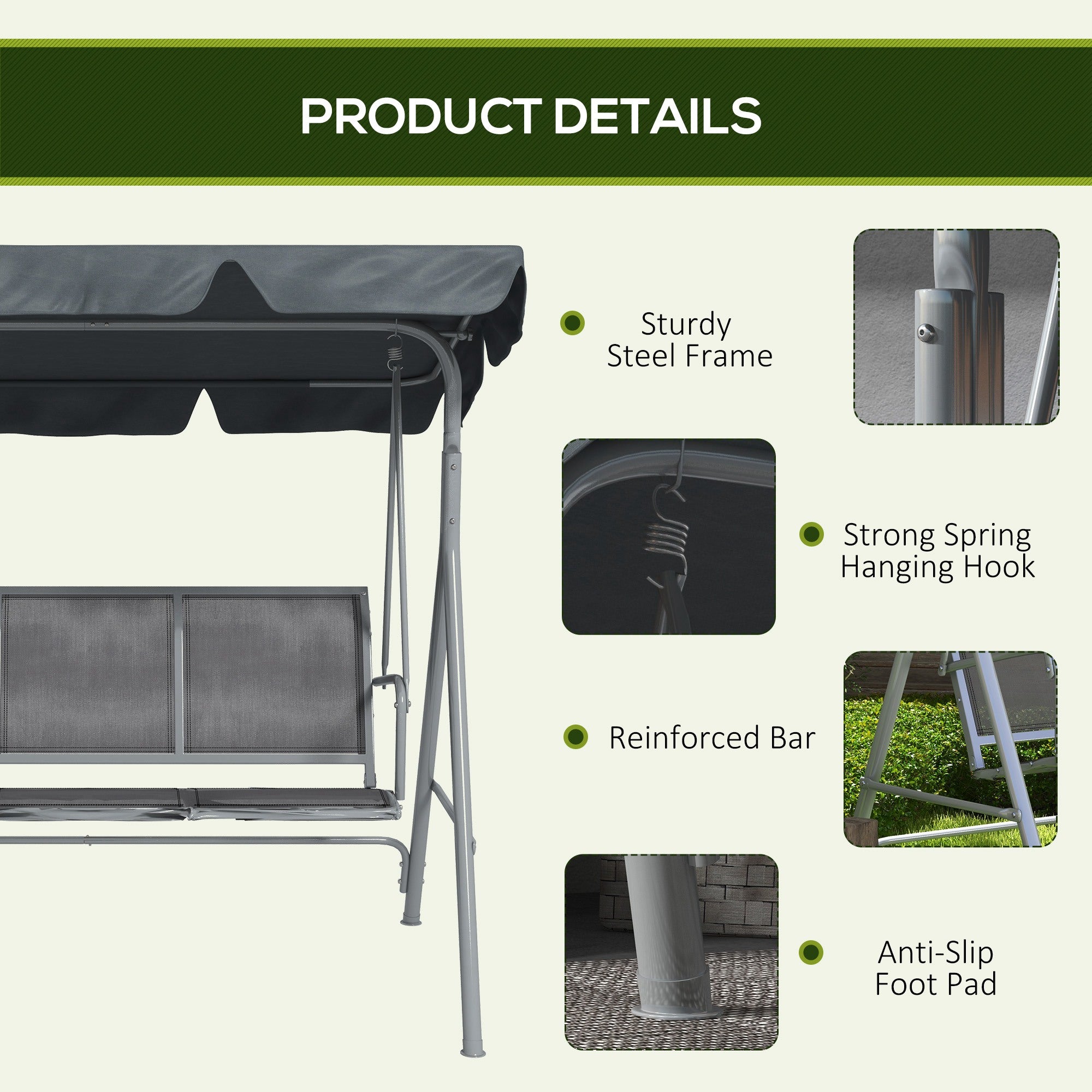 Outsunny 3 Seater Swing Chair, Garden Swing Bench with Adjustable Tilting Canopy, Breathable Mesh Seat and Heavy Duty Metal Frame for Patio, Garden, Dark Grey