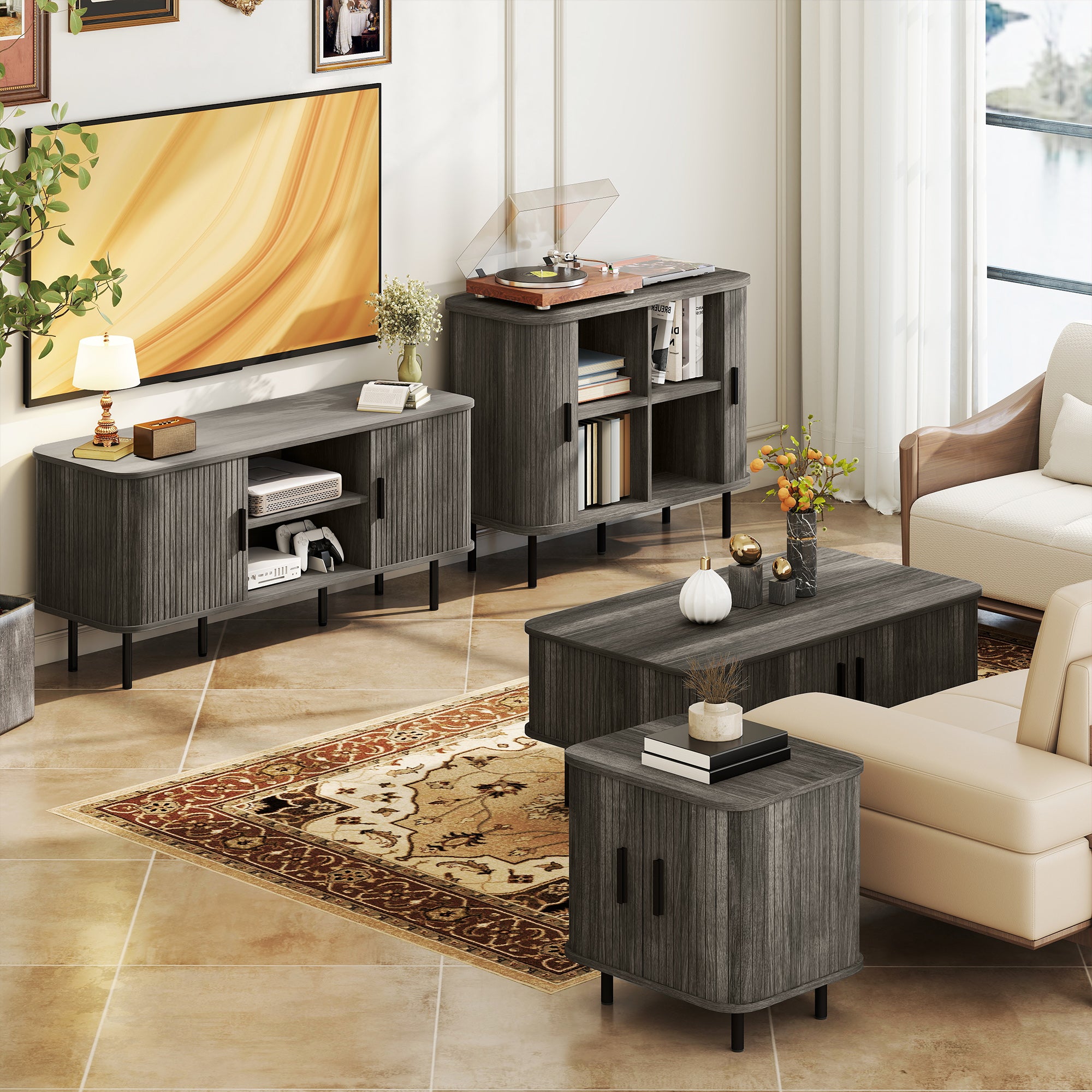 HOMCOM TV Stand Cabinet for TVs up to 55 Inches, TV Unit with Storage Shelves and Cupboard for Living Room, Grey